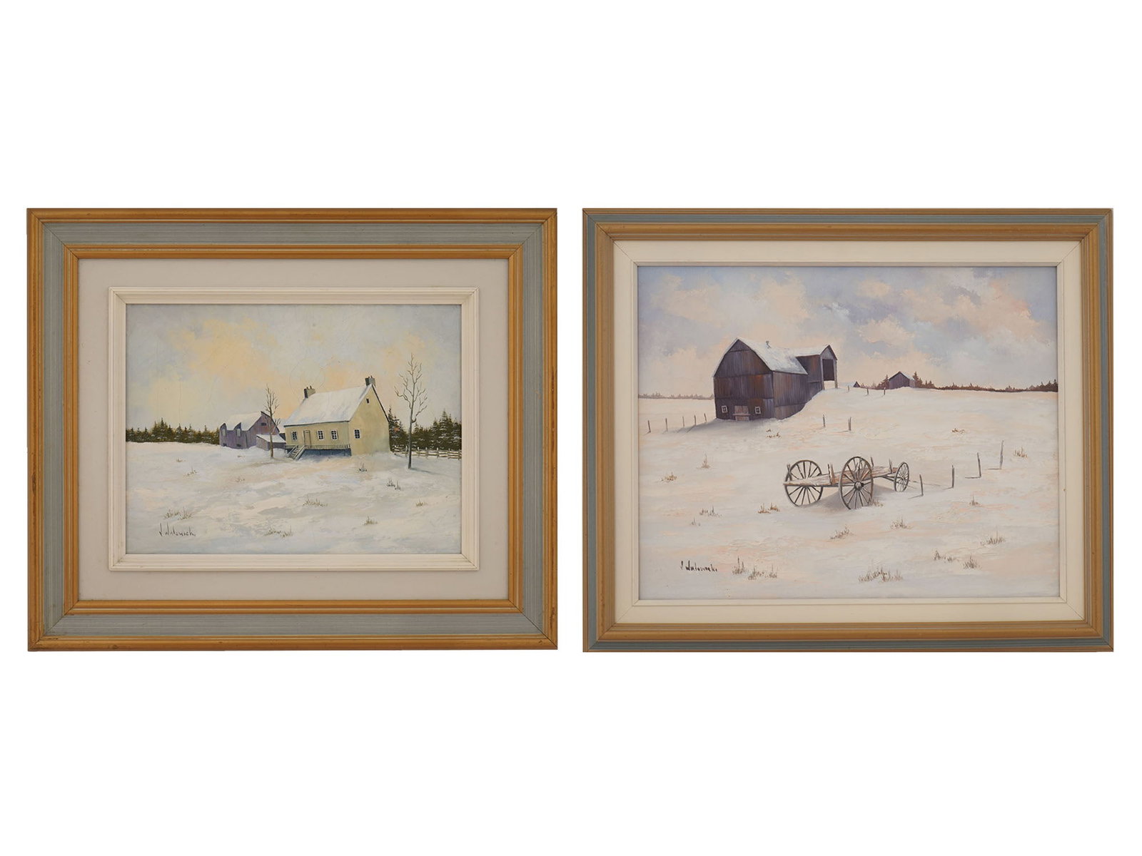 WINTER LANDSCAPE OIL PAINTINGS SIGNED WALOWICKI: A pair of oil paintings on canvas depicting winter rural landscapes. One painting shows a yellow country house surrounded by snow and bare trees, while the other features a dark wooden barn and an old