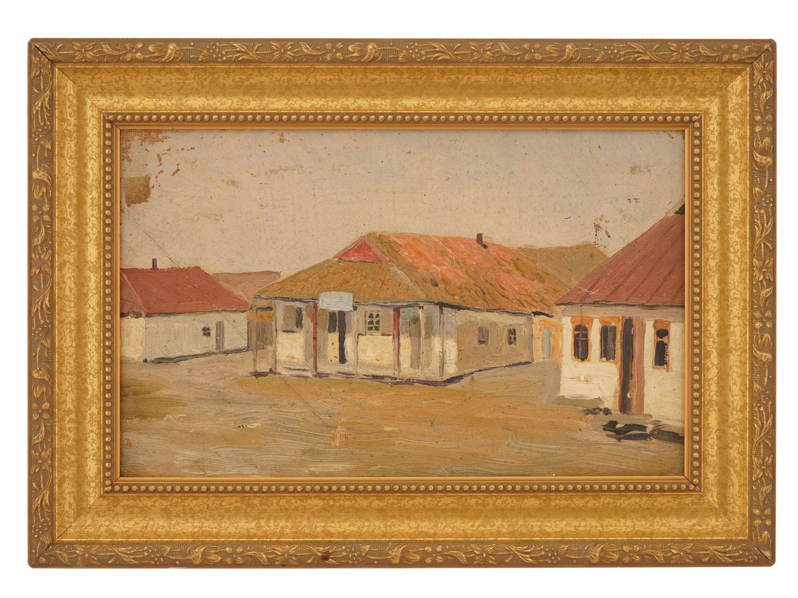 MID CENTURY RURAL LANDSCAPE OIL PAINTING: Oil painting on canvas. Depicting a rural village street scene with several single-story whitewashed cottages under red-tiled roofs, rendered in loose, impasto brushwork with an earth-toned palette. W
