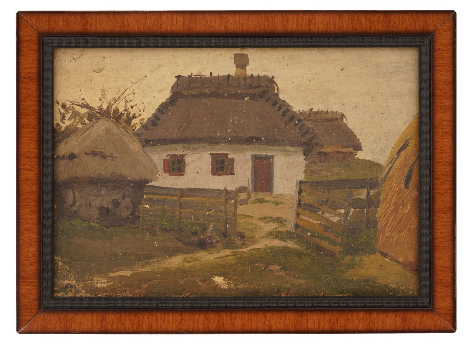 MID CENTURY RURAL LANDSCAPE OIL PAINTING: Oil painting on canvas. Depicting a rural village street scene, a whitewashed hut under hay roofs, rendered in loose, impasto brushwork with an earth-toned palette. Worked with visible brushstrokes. U