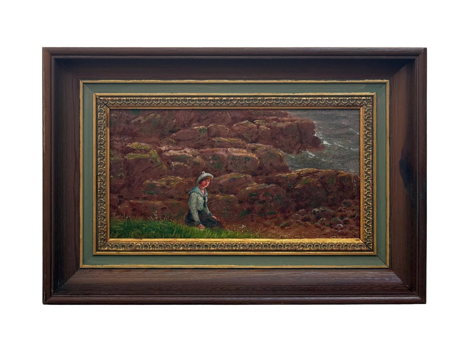 OIL PAINTING IN MANNER OF JOHN RUSSEL GIRL ON THE BEACH: In the style of John Peter Russel, Australian, 1858 to 1930, an oil painting on board titled Girl on the Beach. Depicts a lone figure seated along a rugged rocky coastline with crashing waves, rendere