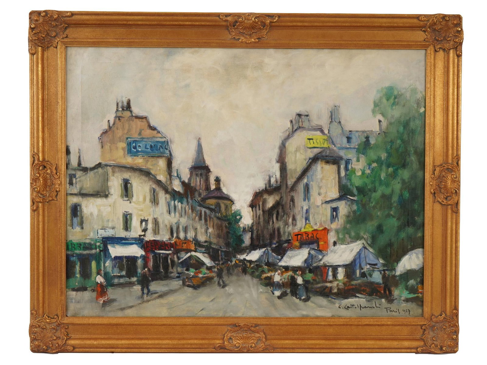 MID CEN ITALIAN OIL PAINTING BY CIRANO CASTELFRANCHI: Cirano Castelfranchi, Italian, 1912 to 1973, an oil painting on canvas depicting a Parisienne street scene. Signed, inscribed, Paris, and dated 1957, lower right. Additionally signed, inscribed and da