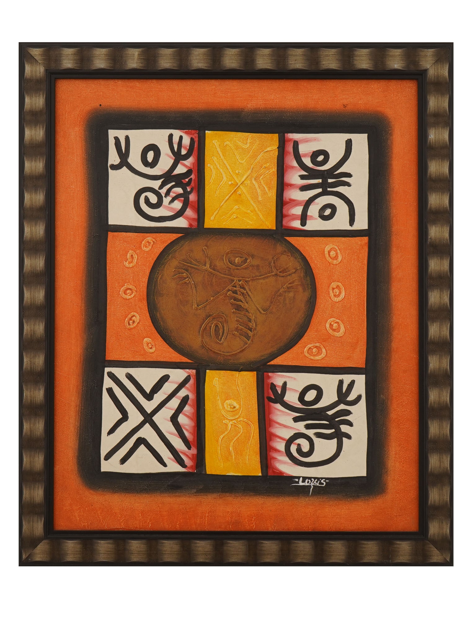 AFRICAN FOLK ART SCORPION PAINTING SIGNED LOUIS: A mixed media painting on canvas featuring a central scorpion surrounded by geometric panels and symbolic motifs inspired by traditional African iconography. The composition incorporates colorful abst