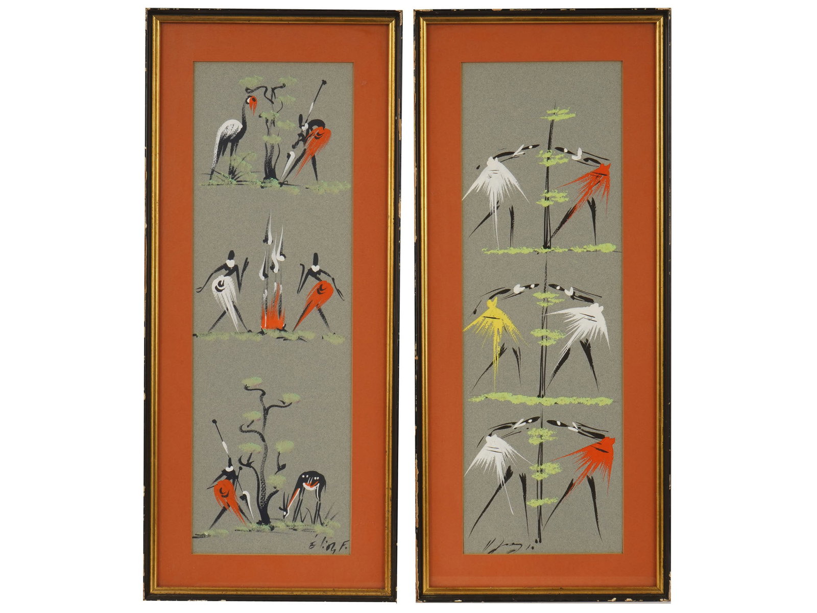 PAIR OF MODERN AFRICAN GOUACHE FOLK ART PAINTINGS: A pair of modern African gouache folk art paintings on paper featuring stylized elongated figures in vibrant traditional attire. Signed. Each composition presents three narrative scenes with hunters, 