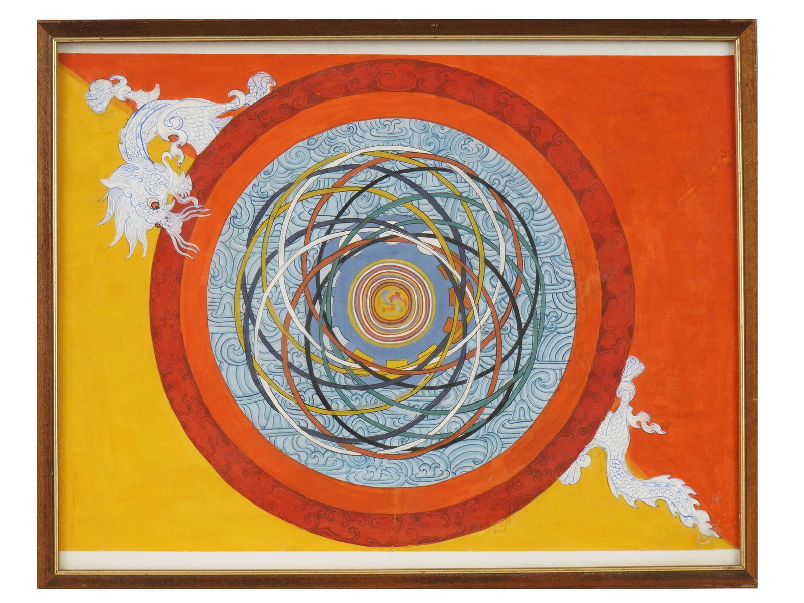 VINTAGE ORIENTAL MANDALA AND DRAGON ACRYLIC PAINTING: Acrylic painting on canvas. Polychrome mandala composition against a cloud-pattern, encompassed by a Chinese dragon. The ground is divided into yellow and red parts. Unsigned. Framed. Collectible Fine