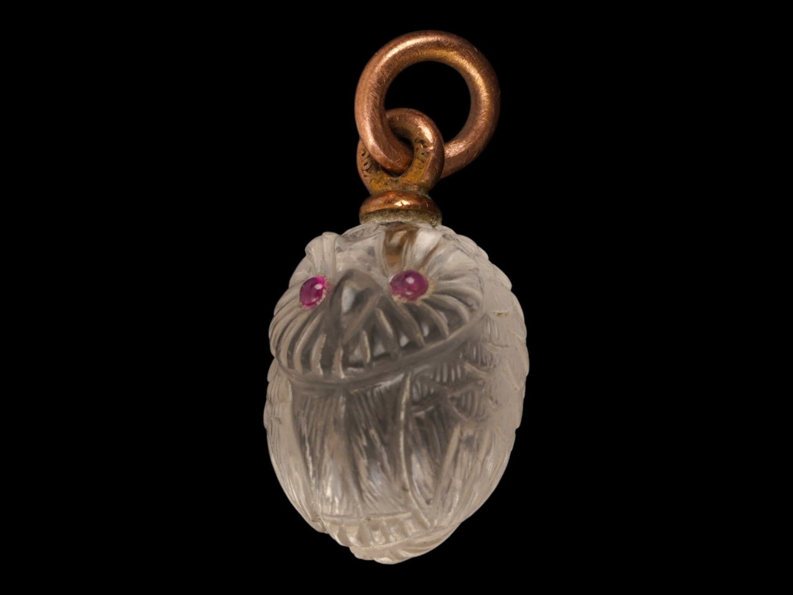 RUSSIAN GOLD ROCK CRYSTAL RUBY OWL EASTER EGG PENDANT - 2