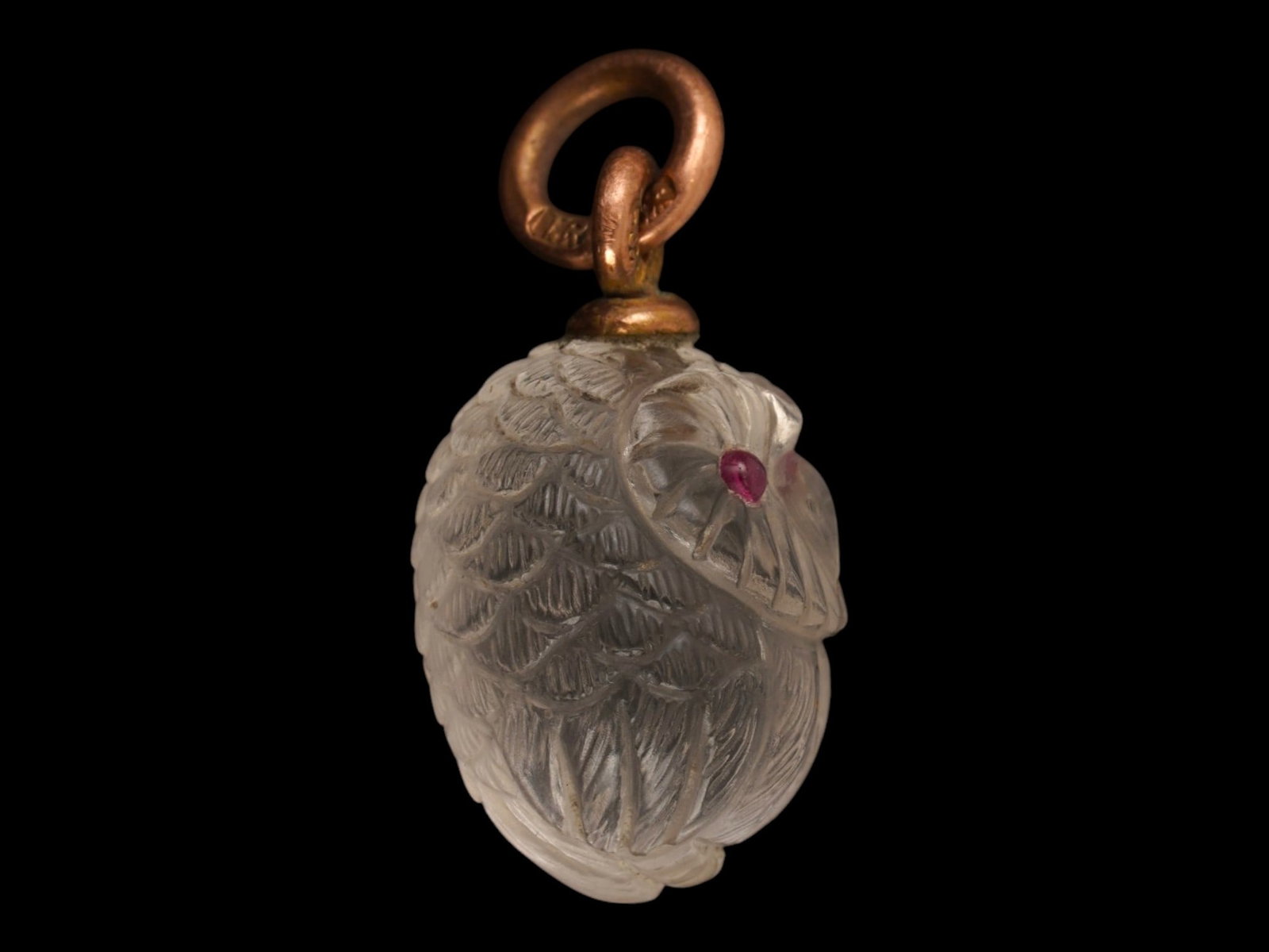 RUSSIAN GOLD ROCK CRYSTAL RUBY OWL EASTER EGG PENDANT - 3