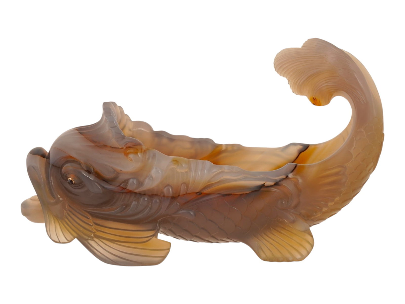 RUSSIAN AGATE CAVIAR HOLDER W GOLD AND GEMSTONES: A Russian hand-carved agate stone caviar holder modeled in the form of a well-detailed dolphin with its tail raised up. The item features gemstone eyes in the gold fittings. Russian Carved Stone