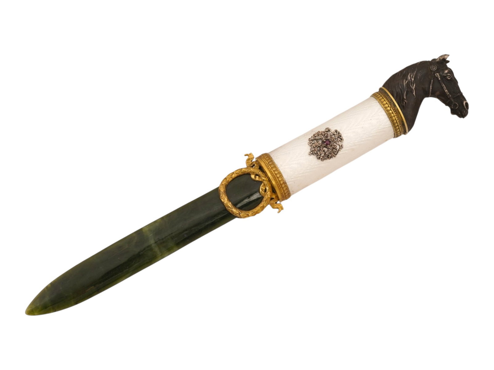 RUSSIAN SILVER ENAMEL JADE DIAMONDS LETTER OPENER: A large Russian letter opener knife with a carved jade blade, adorned with gilt silver wreath decorations to both sides, and a gilt silver mounted white guilloche enameled handle. Surmounted with a