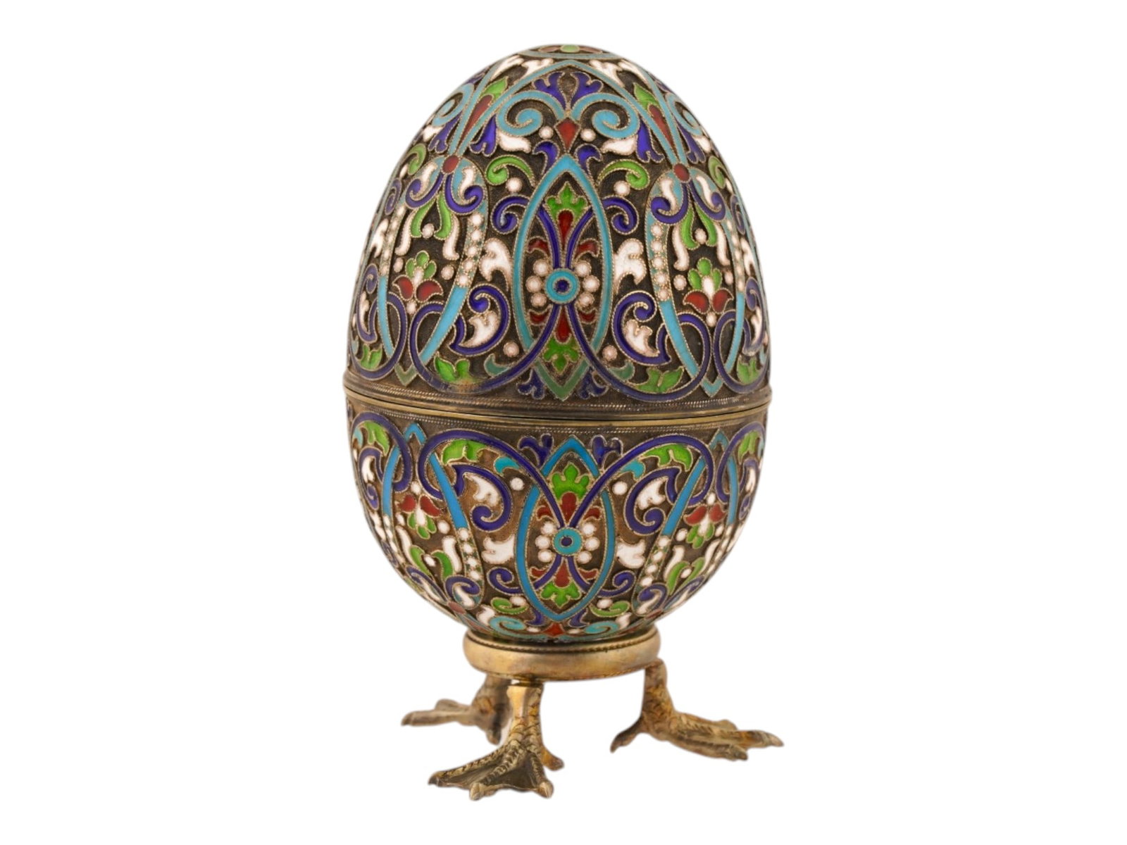 LARGE RUSSIAN SILVER ENAMEL EASTER EGG W STAND - 2