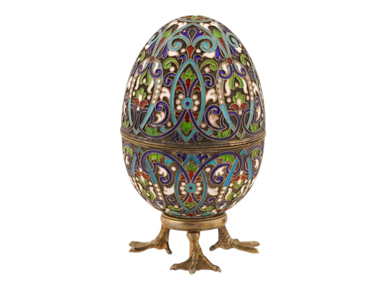 LARGE RUSSIAN SILVER ENAMEL EASTER EGG W STAND - 3