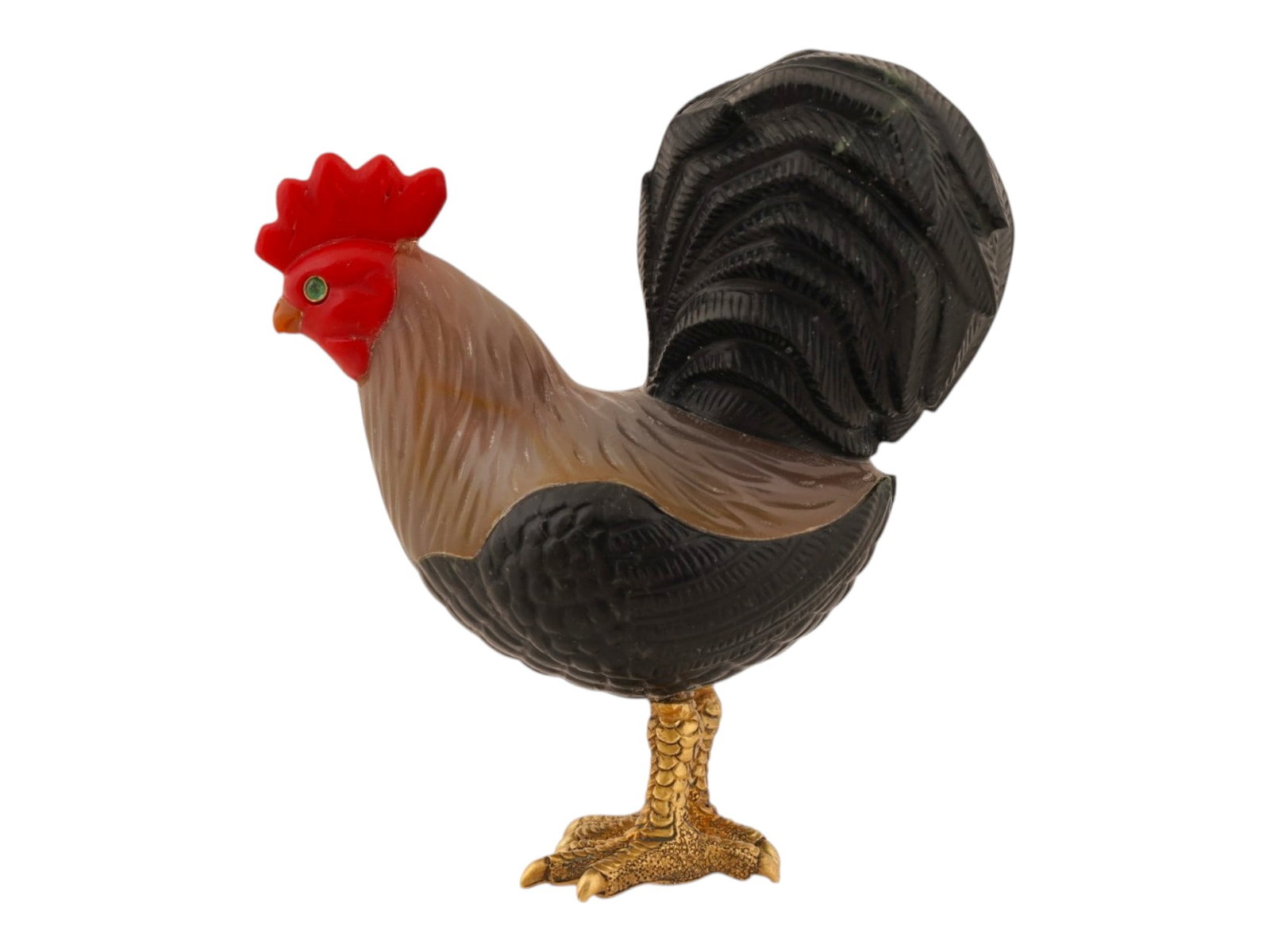 RUSSIAN CARVED GOLD SILVER EMERALD STONE ROOSTER FIGURE: A Russian figurine of a rooster, carved from various hard stones. The roosters eyes are set with Emerald stones in gold mounts, adding a touch of sparkle and refinement. Stands firmly on gilt silver f