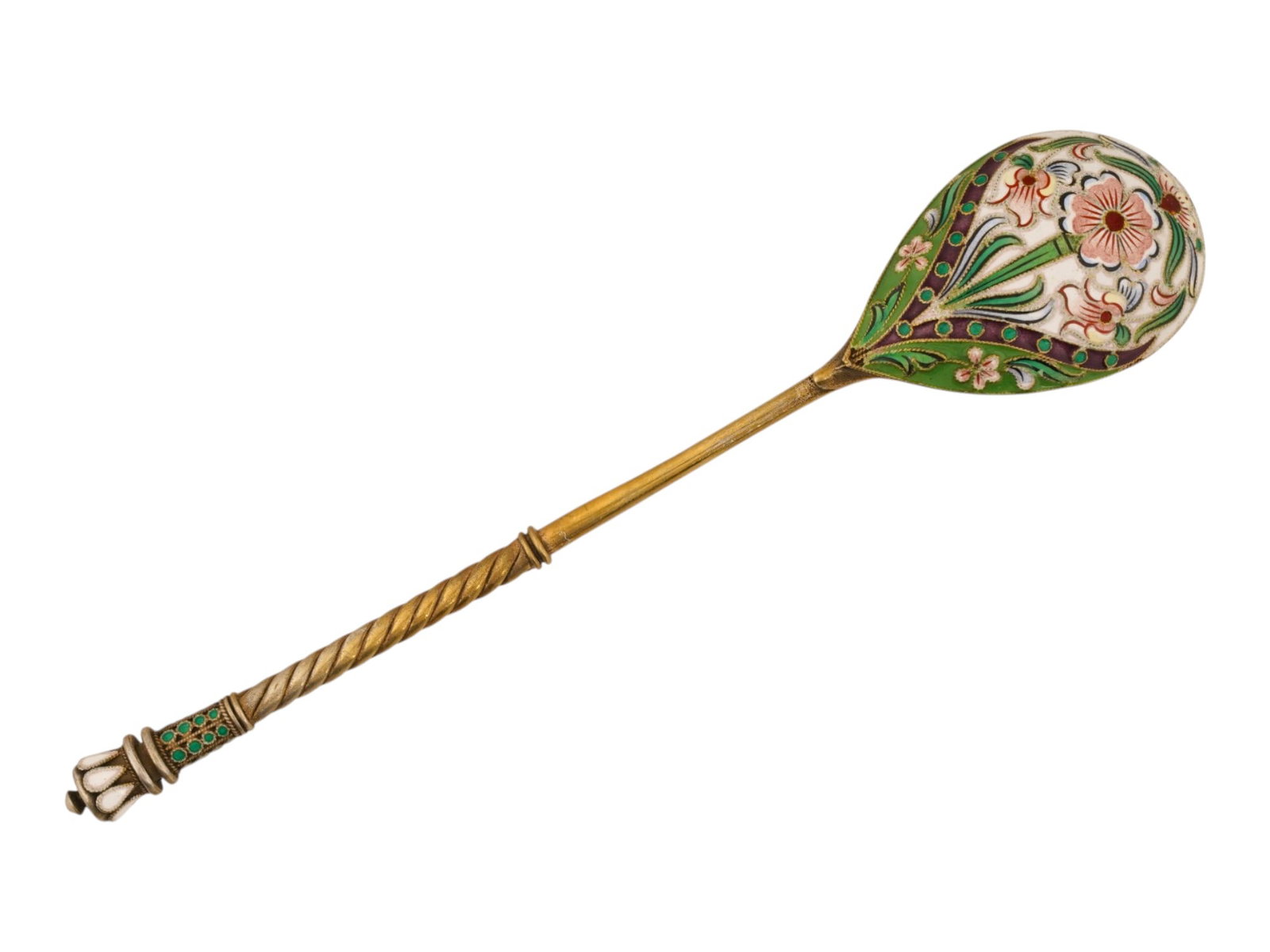 RUSSIAN 88 SILVER AND CLOISONNE ENAMEL TEA SPOON: A Russian 88 gilt silver and enamel tea spoon. The ware has a twisted stem and a pointed finial, decorated to the bowl and the handle with multicolored enamel patterns manufactured in the cloisonne