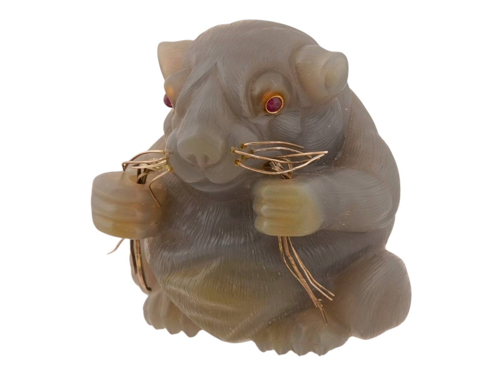 RUSSIAN CARVED AGATE DORMOUSE FIGURINE W GOLD RUBY EYES: A Russian 14K Gold and hand carved Agate figurine. The figurine is made in the shape of a dormouse, engraved with detailed patterns. The figurine is adorned with Gold moustache and encrusted with