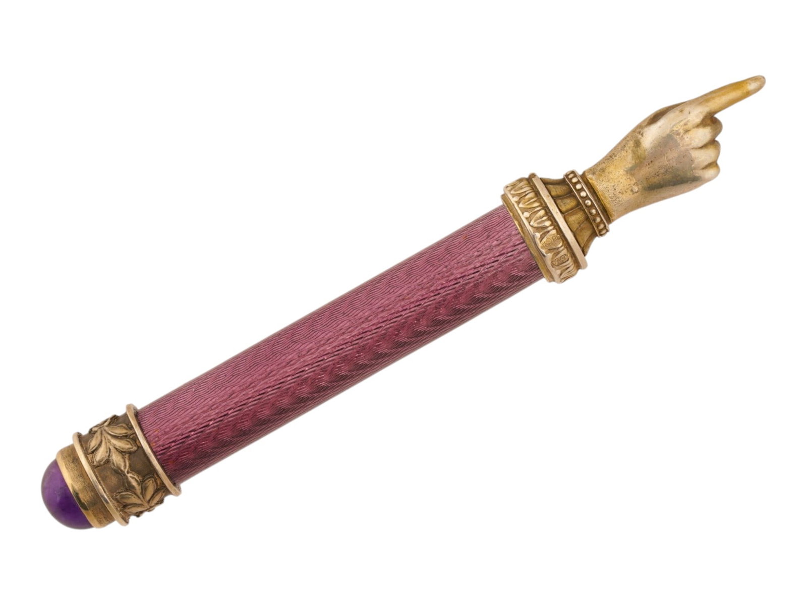 RUSSIAN JUDAICA SILVER ENAMEL AMETHYST TORAH POINTER: A Russian gilt silver Torah pointer. The end of the piece is a palm with an extended index finger. The handle is decorated with purple guilloche enamel. The handle tip is embellished with an amethyst