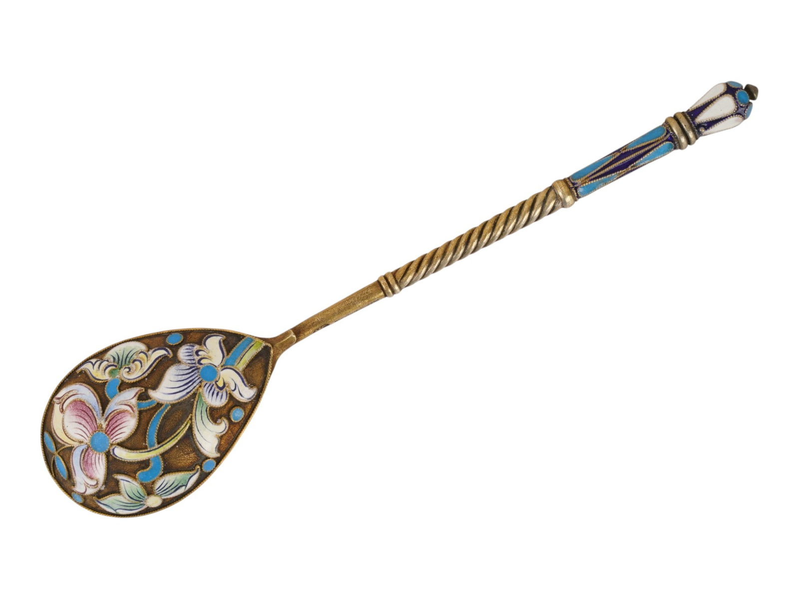 RUSSIAN GILT SILVER CLOISONNE ENAMEL TEA SPOON: A Russian gilt silver tea spoons The backside of the bowl is garnished with a shaded cloisonne enamel floral ornament. Twisted handle with matching tip decor. Hallmark of 84 silver standard and