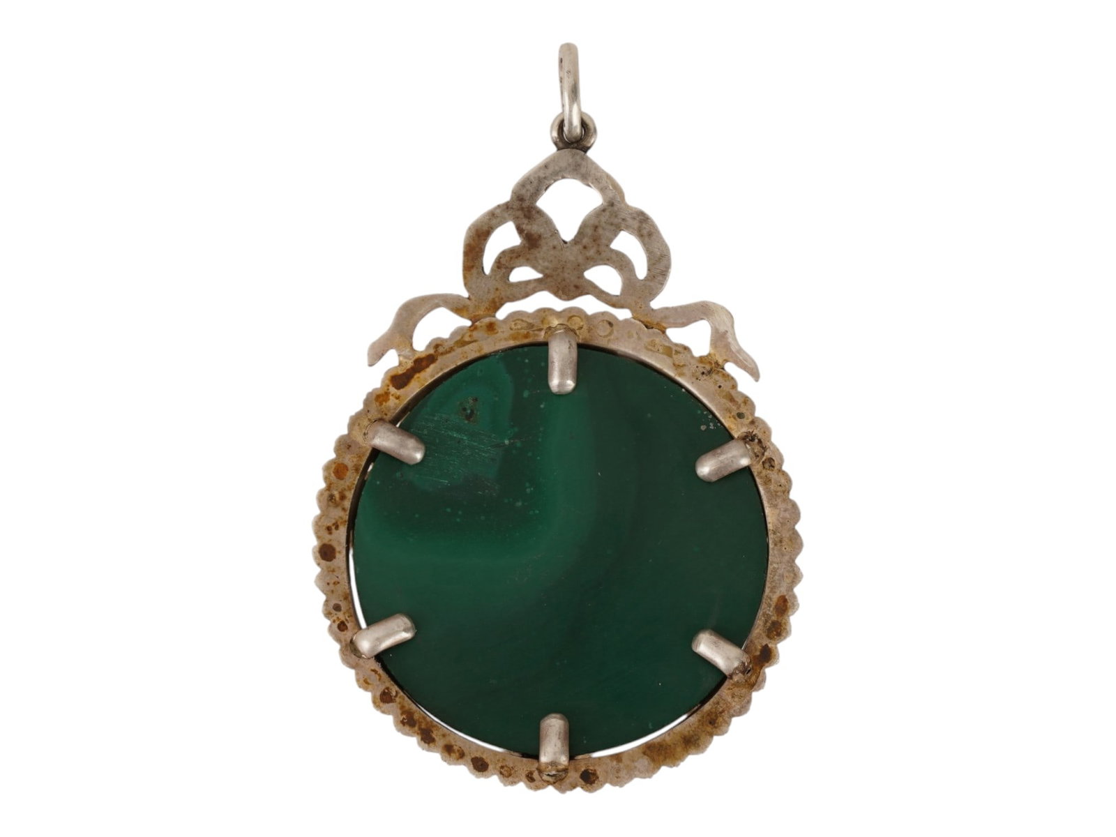 LARGE RUSSIAN SILVER MALACHITE RUBY GARNETS PENDANT - 2