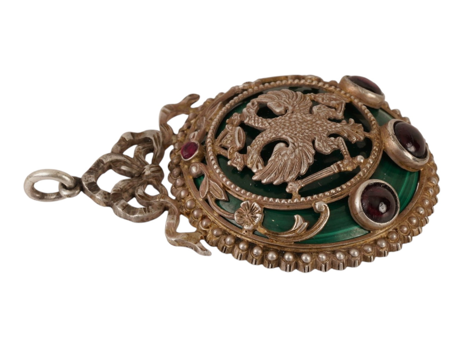 LARGE RUSSIAN SILVER MALACHITE RUBY GARNETS PENDANT - 3