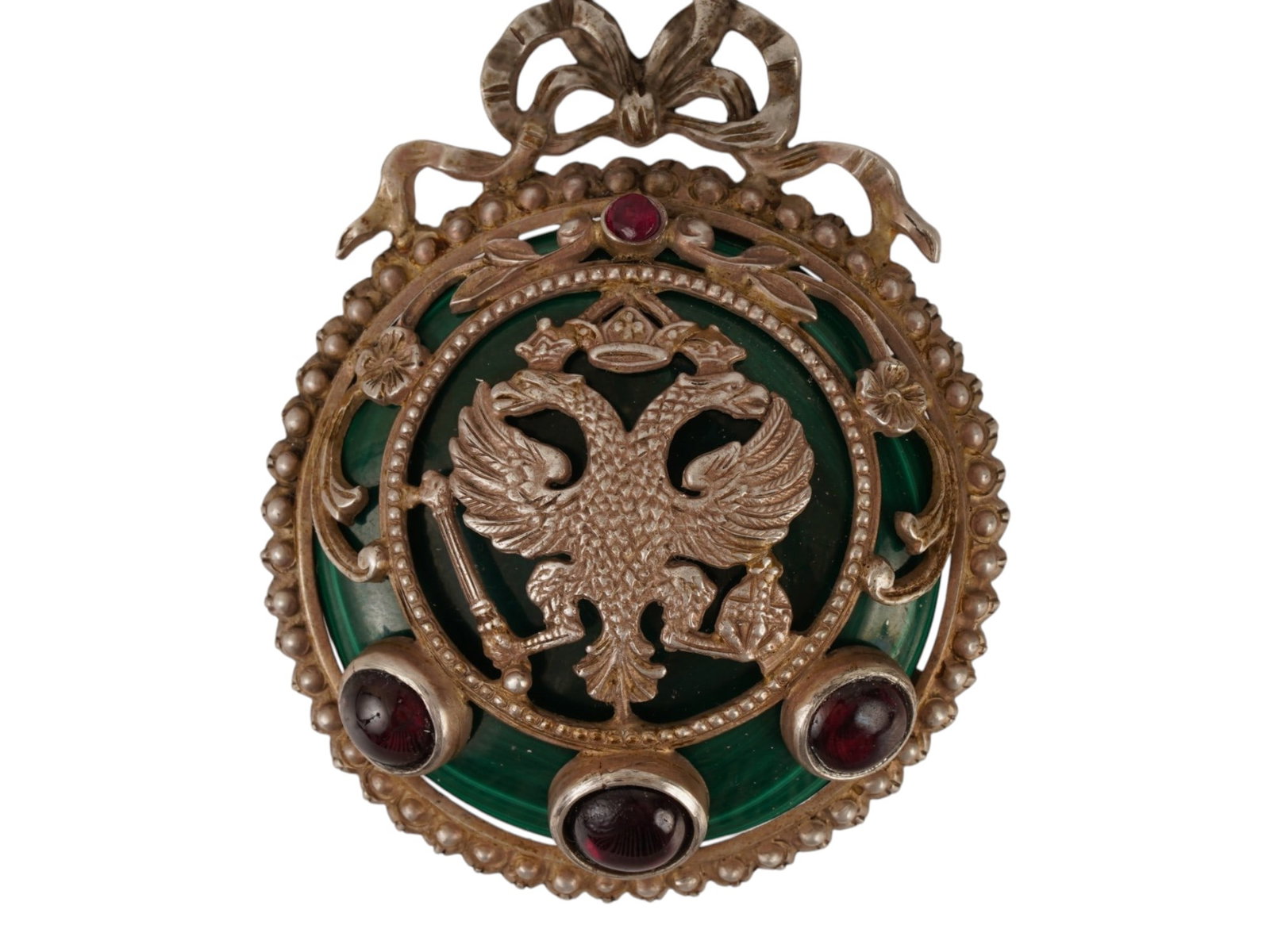 LARGE RUSSIAN SILVER MALACHITE RUBY GARNETS PENDANT - 5