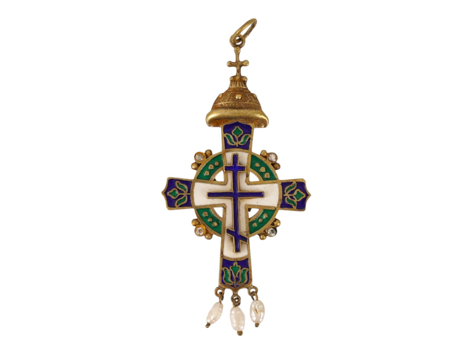 RUSSIAN SILVER ENAMEL ORTHODOX CROSS PENDANT W PEARLS (1 of 6)