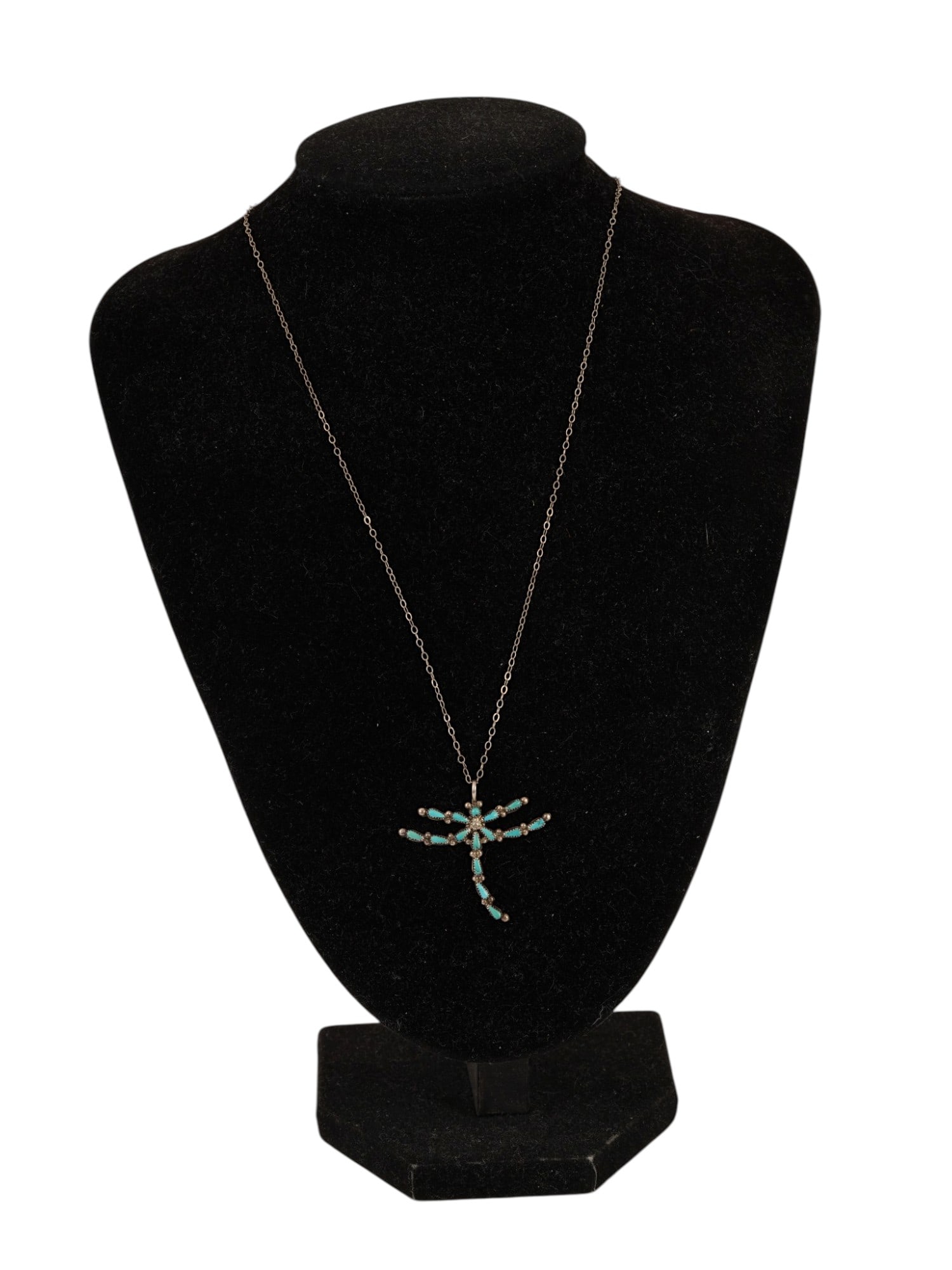 LTD ED STERLING SILVER TURQUOISE DRAGONFLY NECKLACE: A vintage sterling silver cable chain necklace with a turquoise-set dragondly pendant. Marked Hal Zuni, 5 out of 5 on the backside. Marked 0.95 on the clasp. Jewelry And Fashion Accessories, Old Pawn.
