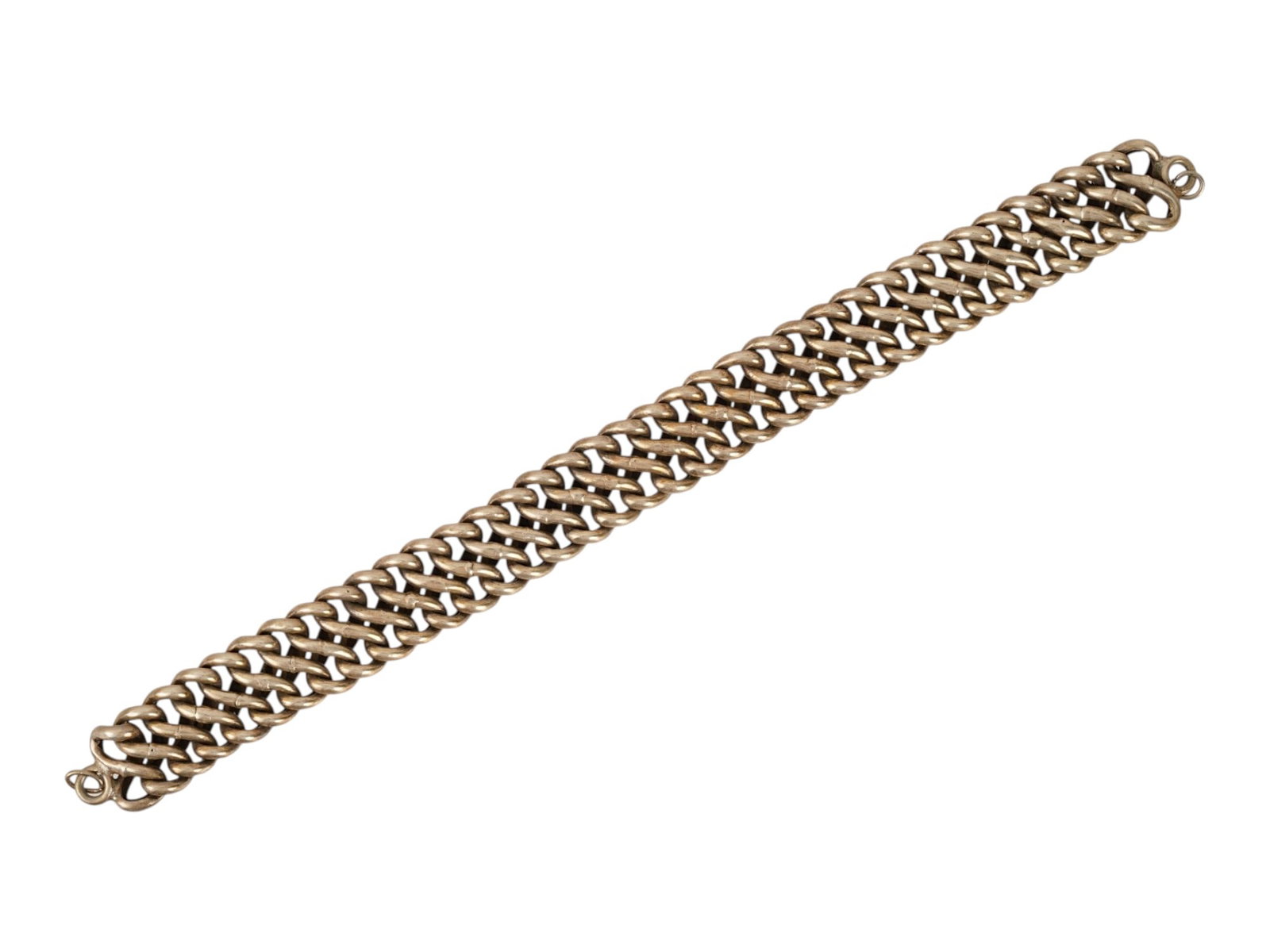 INTERWOVEN LINK DESIGN STERLING SILVER CHAIN BRACELET: A sterling silver bracelet featuring a substantial triple row interwoven link construction forming a flexible, textured band. The design incorporates multiple circular links in a nested braided arrang