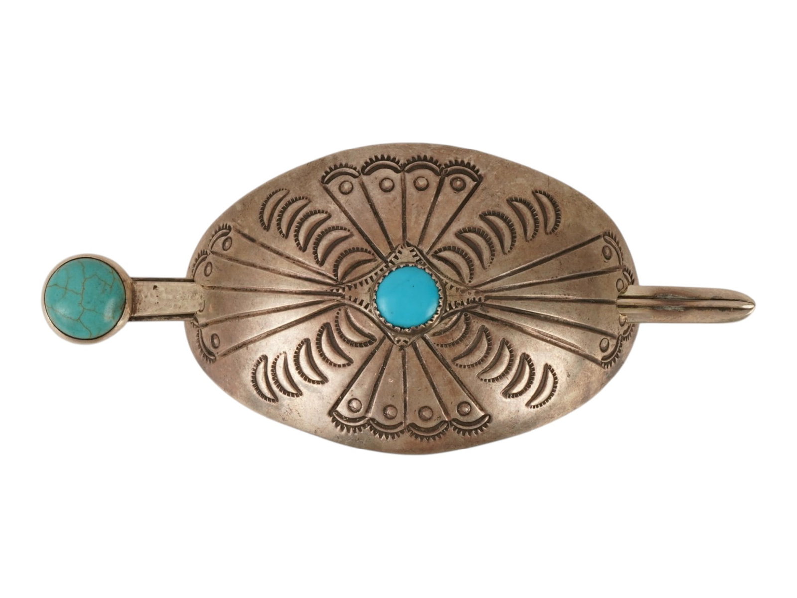 VINTAGE STERLING SILVER AND TURQUOISE HAIR BARRETTE: A sterling silver hair barette or ponytail holder. Consists of two parts set with turquoise cabochons. Marked Sterling on the backside. Vintage Jewelry And Fashion Accessories, Hair Pins, Old Pawn.Tot