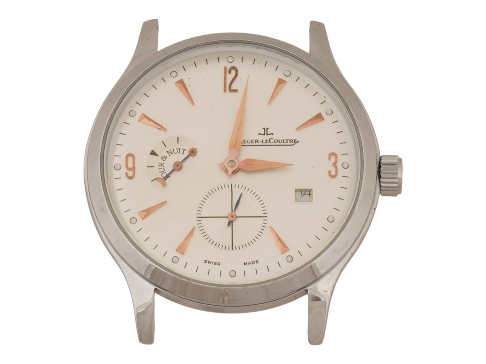 JAEGER LECOULTRE MASTER CONTROL HOMETIME WRISTWATCH: A Jaeger-LeCoultre Master Control Hometime automatic wristwatch featuring a stainless steel case and a silver-white dial with rose gold indices, Arabic numerals, small seconds, date, dual time, and Jo