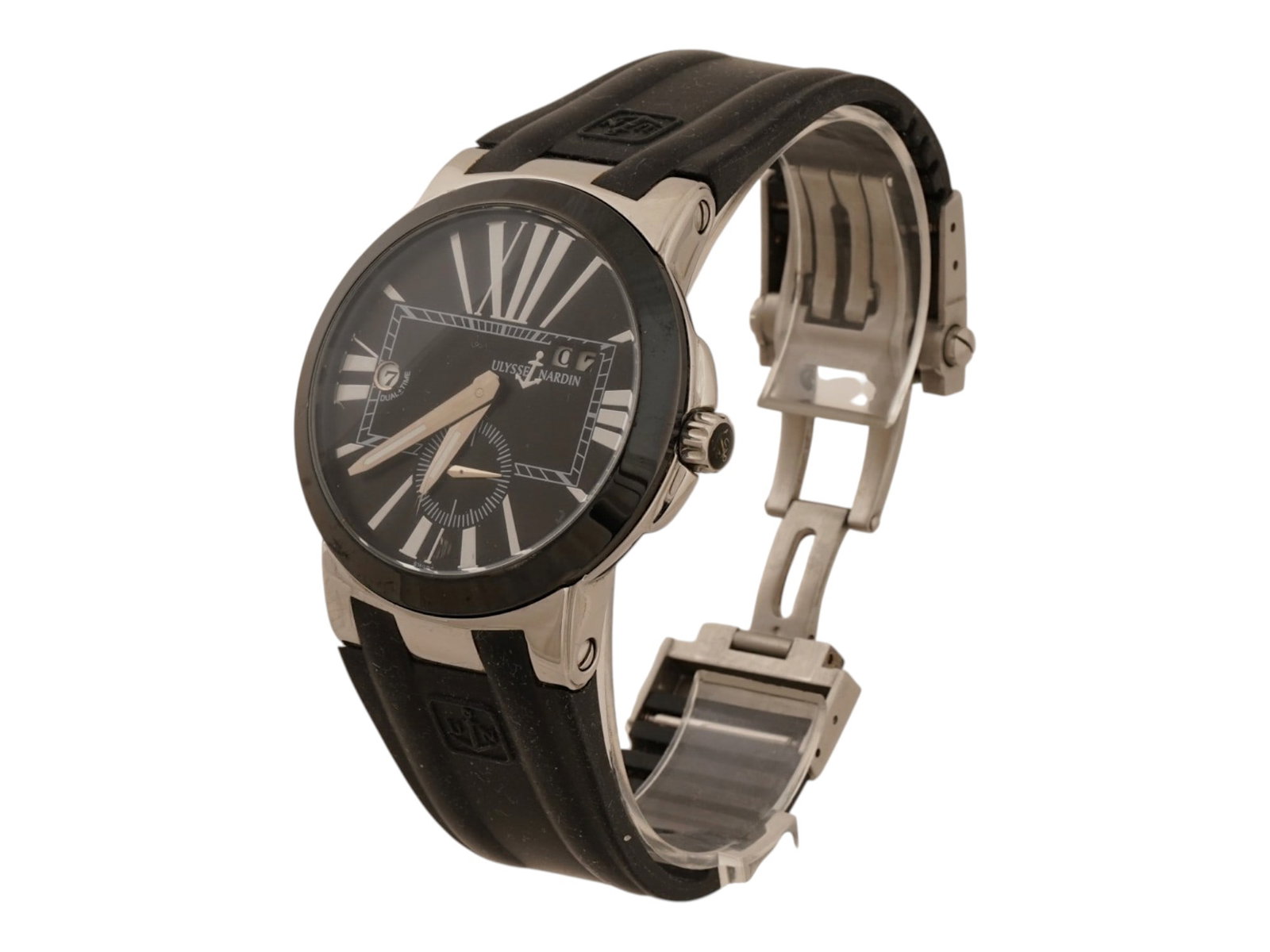 ULYSSE NARDIN EXECUTIVE DUAL TIME AUTOMATIC WRISTWATCH: An Ulysse Nardin Executive Dual Time automatic wristwatch featuring a stainless steel case, black ceramic bezel, and black dial with oversized Roman numerals, a Big Date display, and subsidiary second
