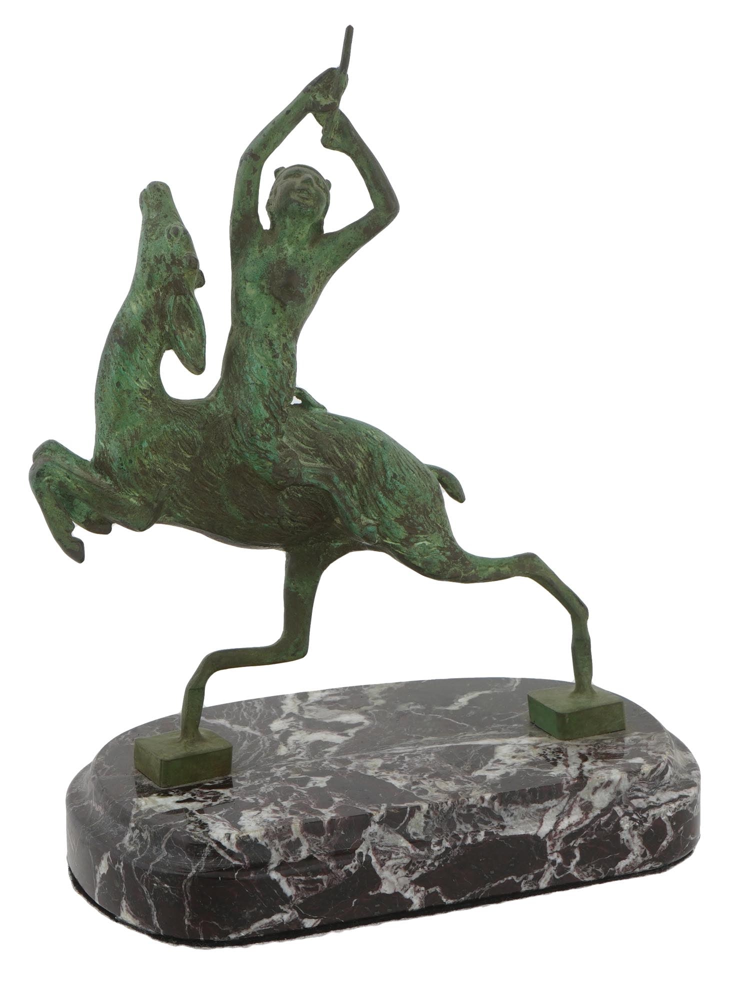 AMERICAN BRONZE FIGURINE SATYR PAN RIDING DEER: A vintage American mid century bronze figurine depicting Satyr Pan riding a deer. Circa 1950s. Mounted on a black marble base. The satyr is depicted riding fast running deer with a flute raised high i