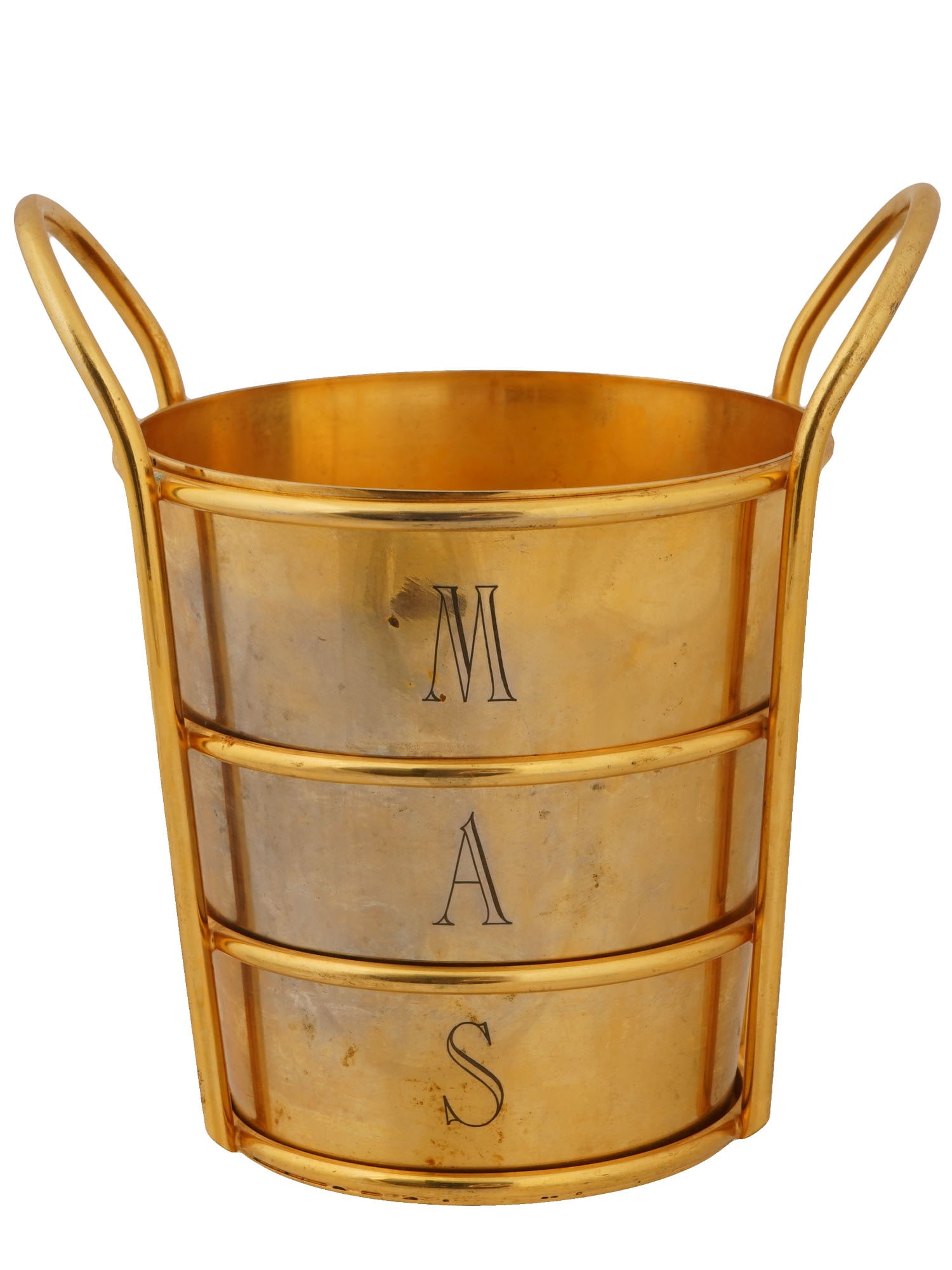 VINTAGE ITALIAN CARTIER GILT METAL ICE BUCKET: A vintage Italian Cartier ice bucket crafted in gilt metal. The piece features three horizontal bands, arched side handles, and engraved letters spelling MAS. Marked to the bottom. Vintage Cartier