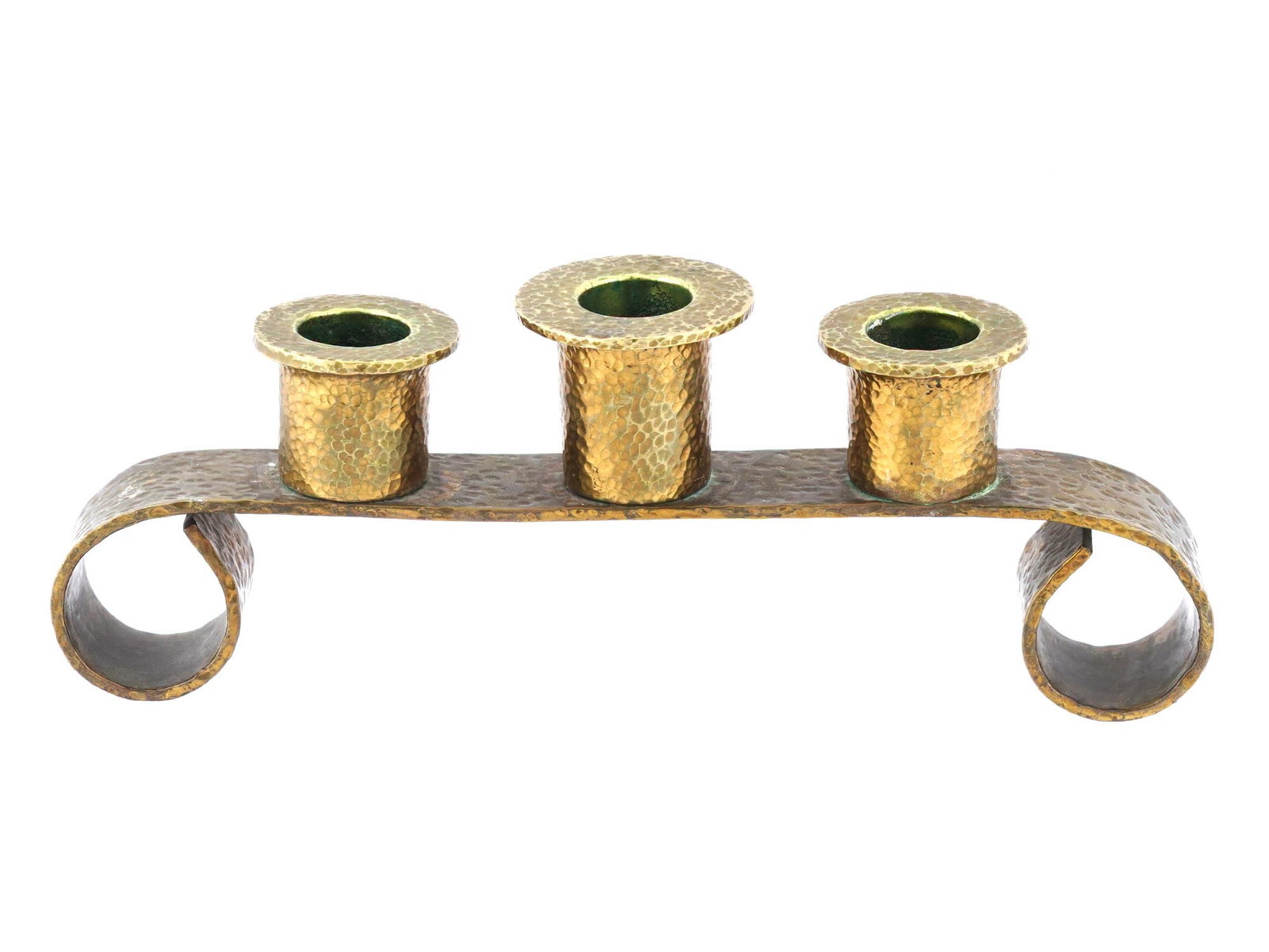 VINTAGE HAMMERED BRASS TABLE CANDELABRA THREE CANDLES - 3