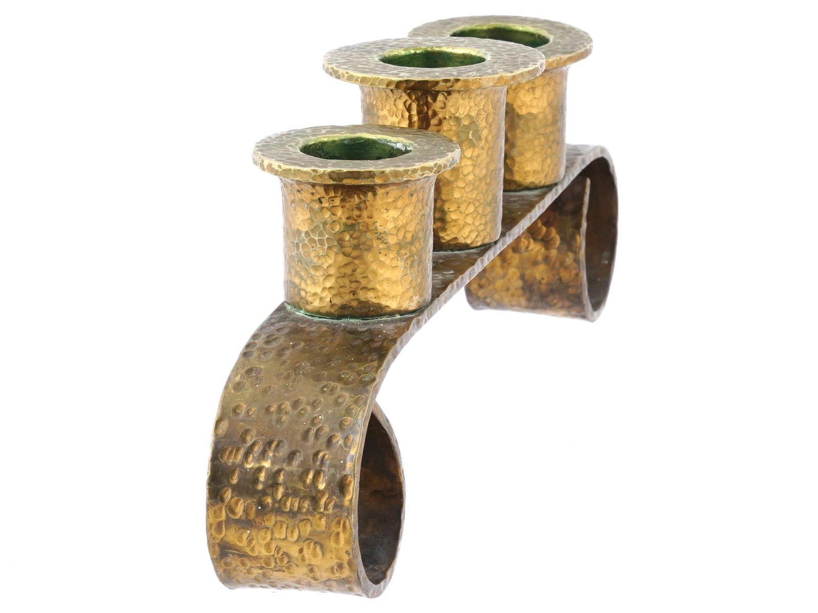 VINTAGE HAMMERED BRASS TABLE CANDELABRA THREE CANDLES - 7
