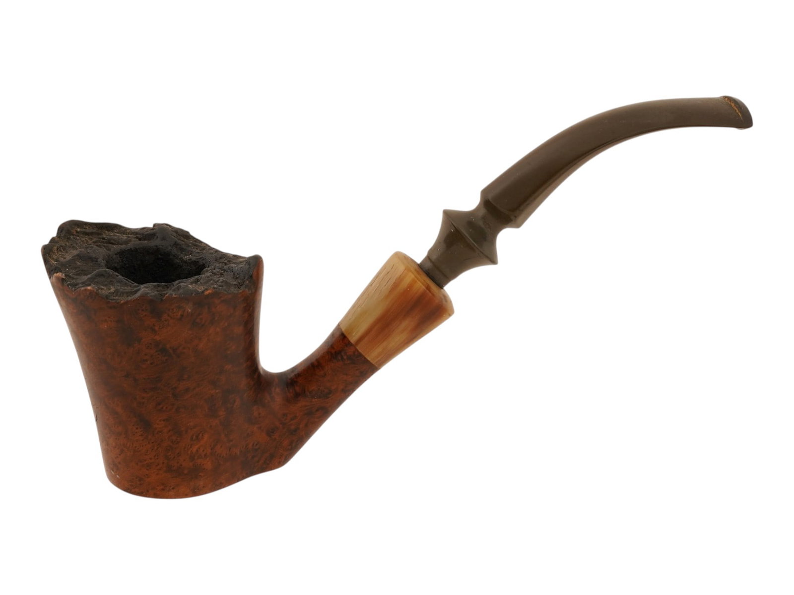 SVENDBORG DENMARK HANDMADE BRIAR SMOKING PIPE: A Svendborg smoking pipe, a handmade specimen from Denmark, featuring a freehand briar bowl with a textured plateaux rim. The smooth finished bowl showcases a rich grain and is joined to a shank accen