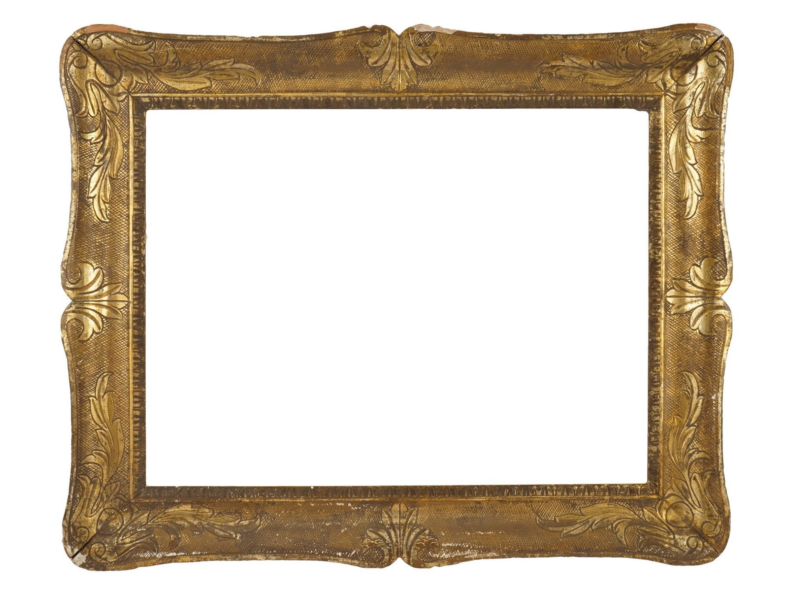 VINTAGE LOUIS XV STYLE ORNATE GILTWOOD SWEPT FRAME: A vintage ornate swept frame, designed in the Louis XV style, featuring a deeply molded profile embellished with scrolling acanthus leaves and decorative cartouches at the corners and centers. The str