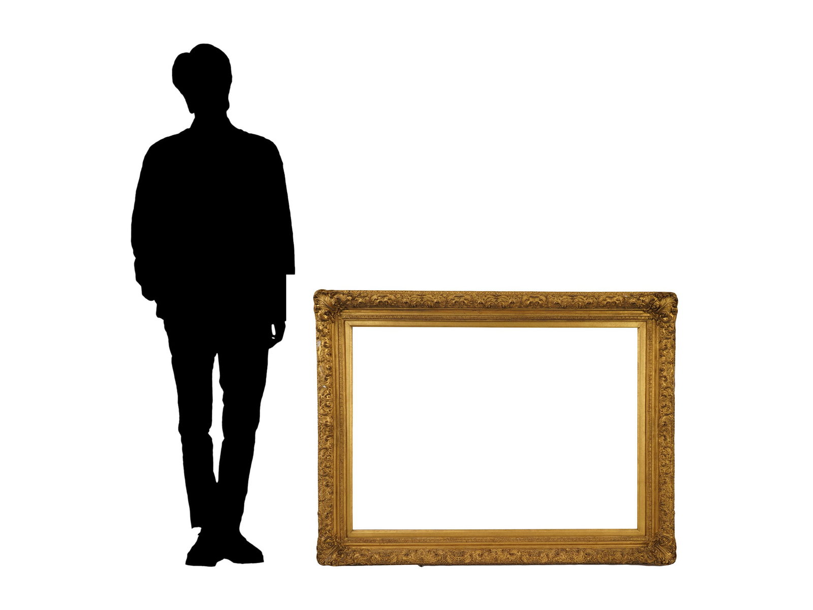 VINTAGE ORNATE STYLE GILTWOOD DECORATIVE FRAME: A large rectangular decorative frame featuring a gilded finish over ornate composite molding, characterized by decorative foliate and scrollwork cartouches at each corner. The design includes a repeat