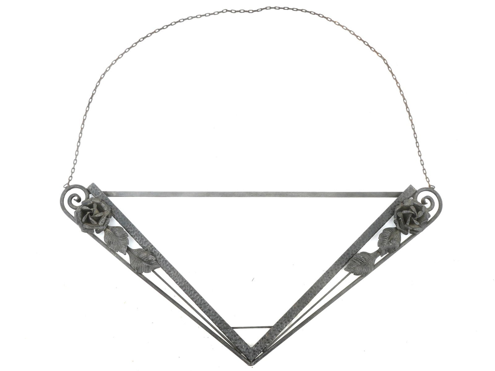 ART NOUVEAU MANNER IRON WALL FRAME FOR MIRROR PICTURE: An Art Nouveau manner iron wall decor could be used as a frame for a mirror or a picture. The frame is adorned with relief flowers and leaves and swirl accents. Completed with a hanging chain. Unmarke