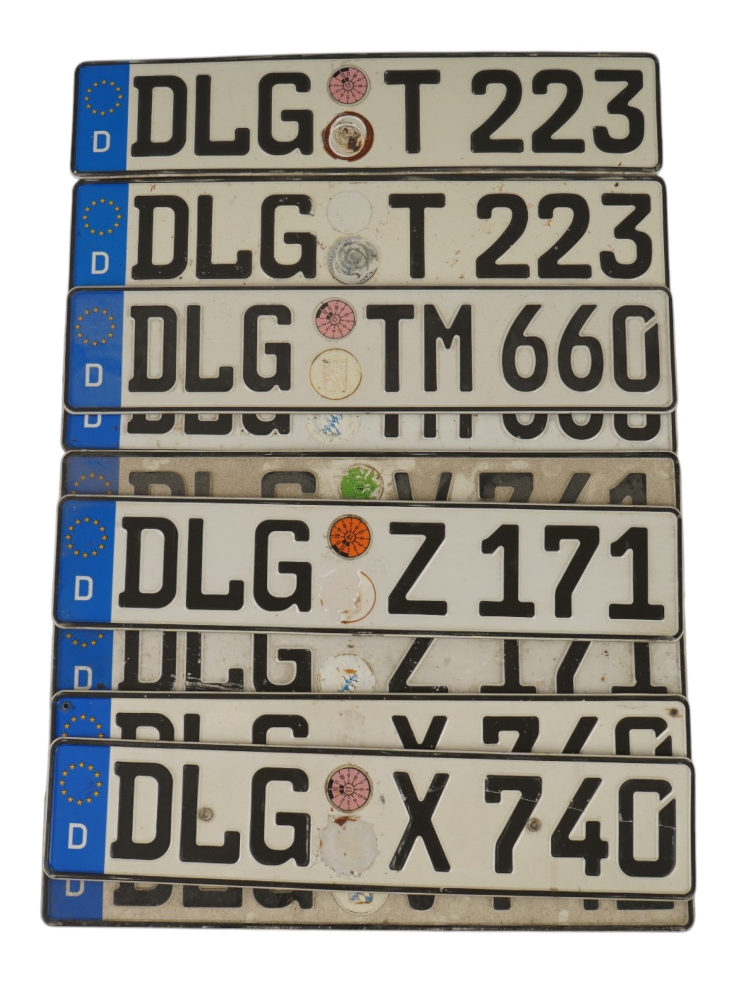 VINTAGE GERMAN VEHICLE REGISTRATION PLATES: A collection of vintage German vehicle registration plates issued in the Bavarian district of Dillingen an der Donau. The Euro-style plates retain their original registration markings, Bavaria state s