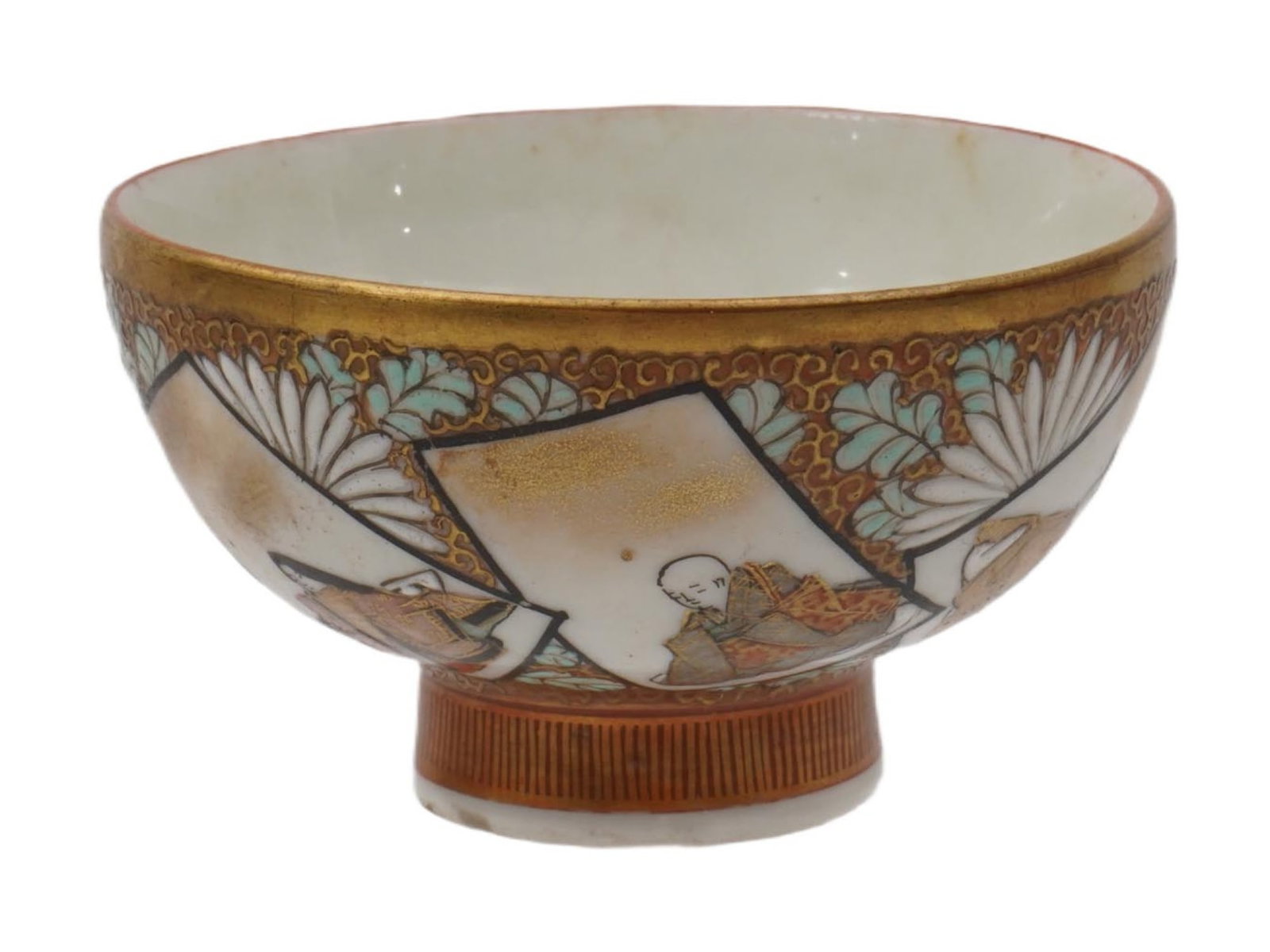VINTAGE JAPANESE SATSUMA PORCELAIN FOOTED CUP: A vintage Japanese Satsuma porcelain footed cup. Showa era, ca. 1960s to 1980s. Hand-painted ornaments and figures, gilt rim. Sakura flower mark on the bottom. Collectible Asian Oriental Porcelain War