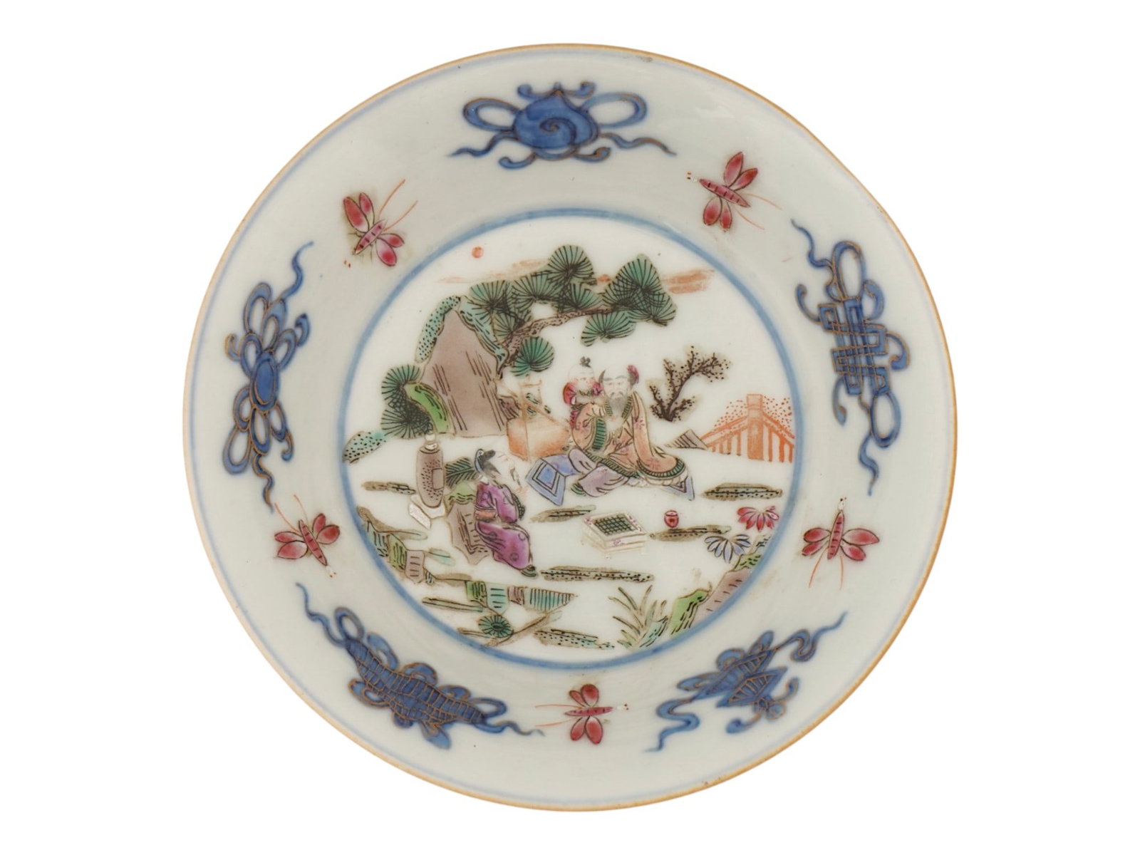 ANTIQUE CHINESE QING WUCAI PORCELAIN PLATE MARKED: An antique Chinese hand-painted porcelain deep plate or bowl. Late Qing era, before 1912. Multi-figure garden scene in the center, feathers and butterflies on the borders. Wucai ware, a Chinese style 