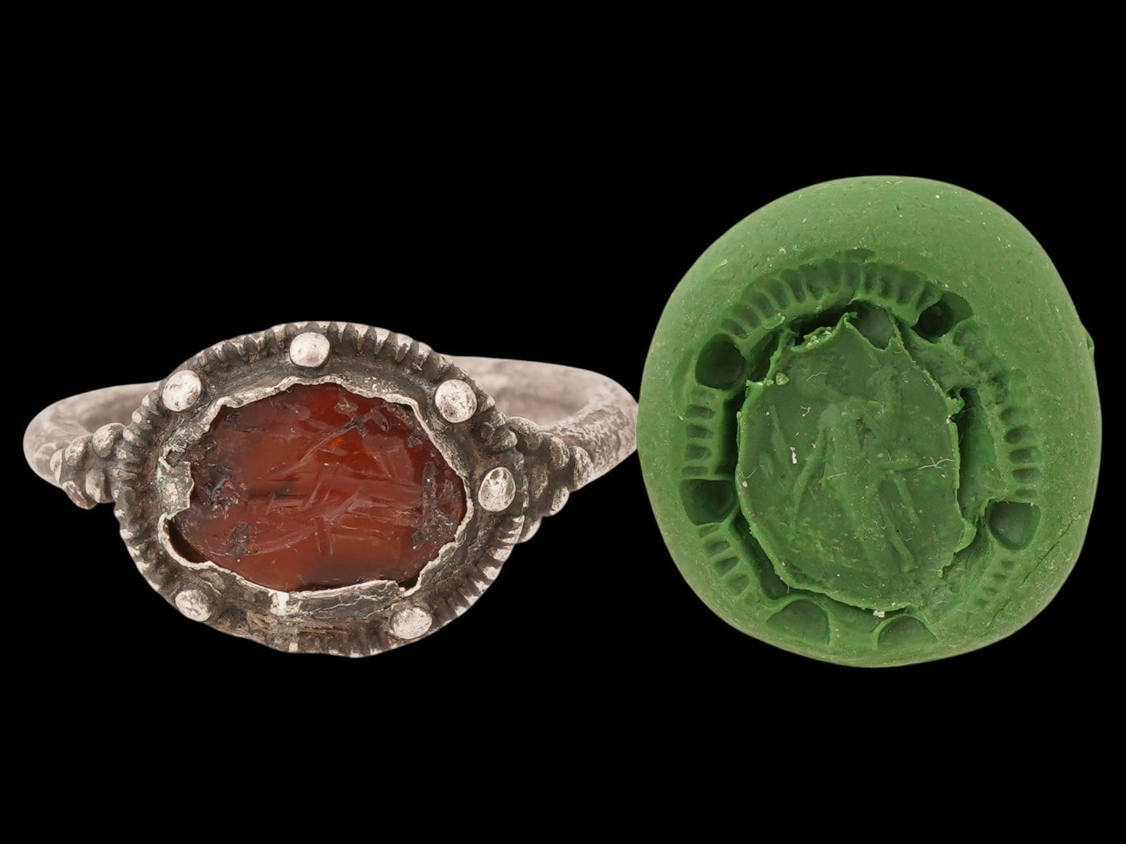 ANCIENT ROMAN SILVER RING W ENGRAVED CARNELIAN INTAGLIO (1 of 7)
