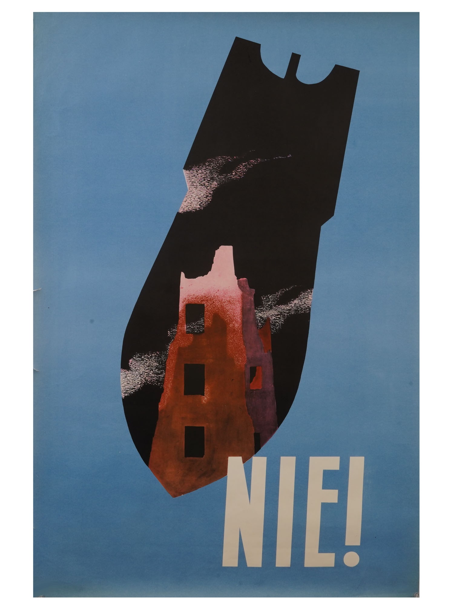 1952 POLISH ANTI WAR POSTER BY TADEUSZ TREPKOWSKI: A 1952 anti war propaganda poster, titled Nie, No, a seminal work by Polish graphic designer Tadeusz Trepkowski, 1914 to 1954, representing a cornerstone of the Polish School of Posters. The compositi