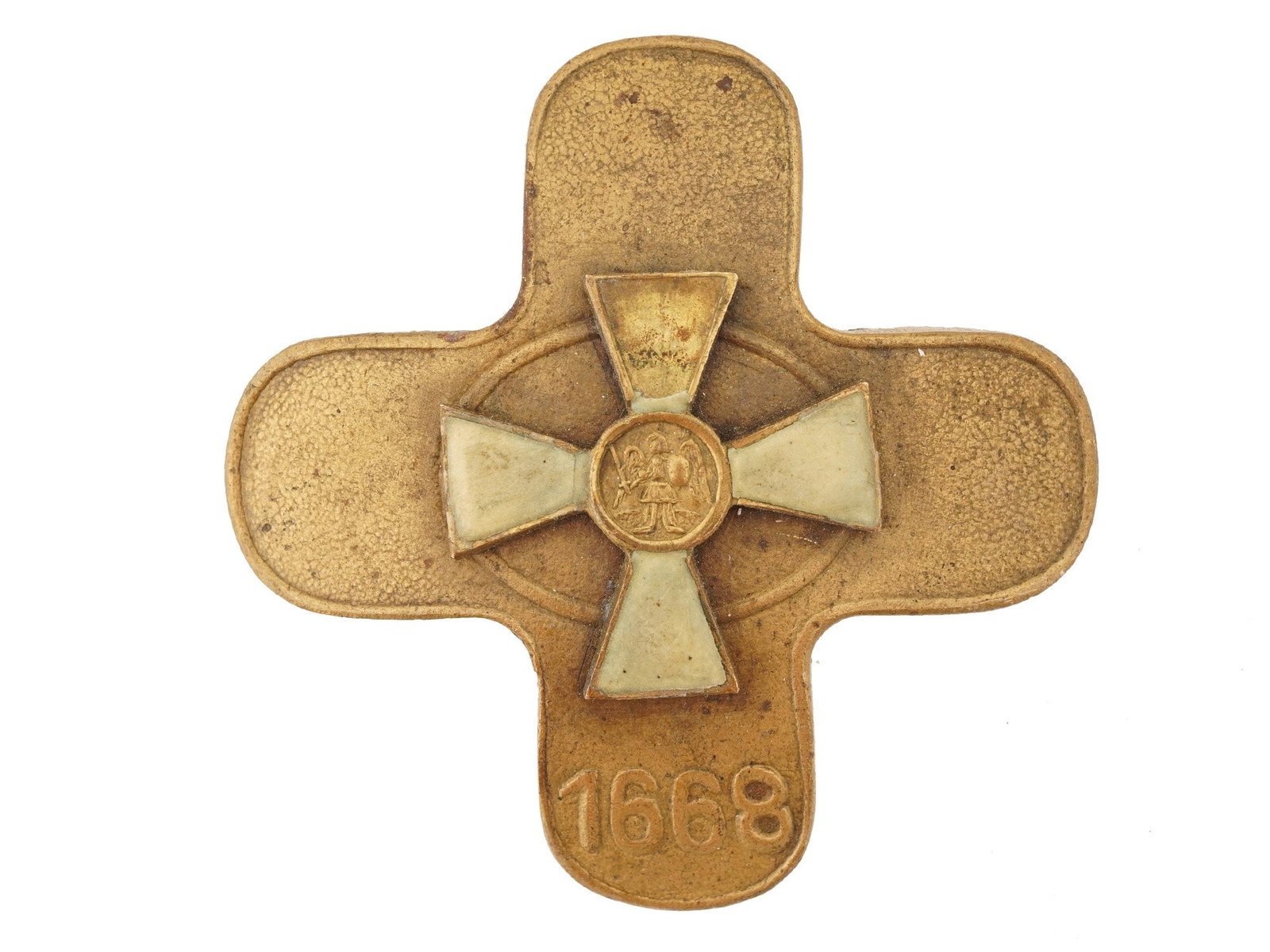 RUSSIAN HUSSAR REGIMENTAL BRONZE CROSS CHEST BADGE: A Russian regimental chest badge of the 9th Kiev Hussar Regiment of the Russian Empire. This version of the badge was intended for lower ranks, soldiers and non commissioned officers. The badge is in 