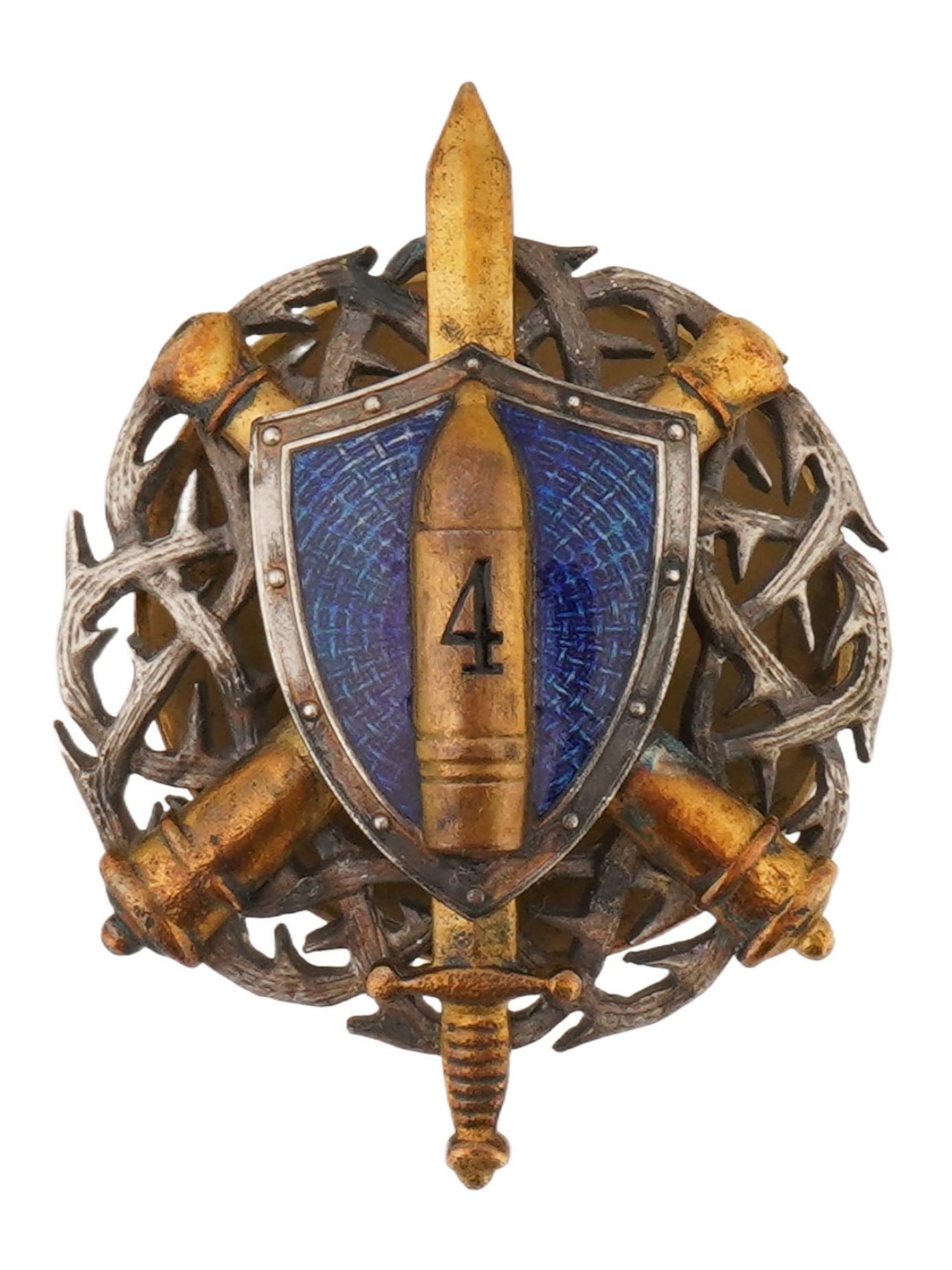 RUSSIAN CIVIL WAR BADGE 4TH BATTERY KORNILOV DIVISION: A Russian Civil War enamel badge of the 4th Battery of the Kornilov Artillery Division, associated with the Imperial Russian Army and the White Army. The design features crossed gilt cannons encircled