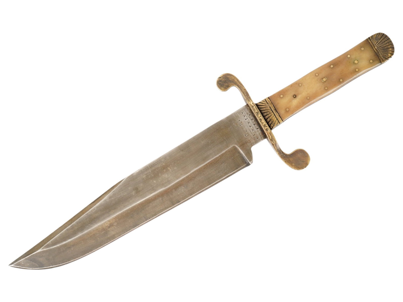 AMERICAN COLUMBUS GEORGIA BOWIE STYLE HUNTING KNIFE: An American Columbus Georgia Bowie style hunting knife. The knife features a large steel clip point blade with a stamped makers mark at the ricasso, dated 1863. The hilt is designed with a symmetrical