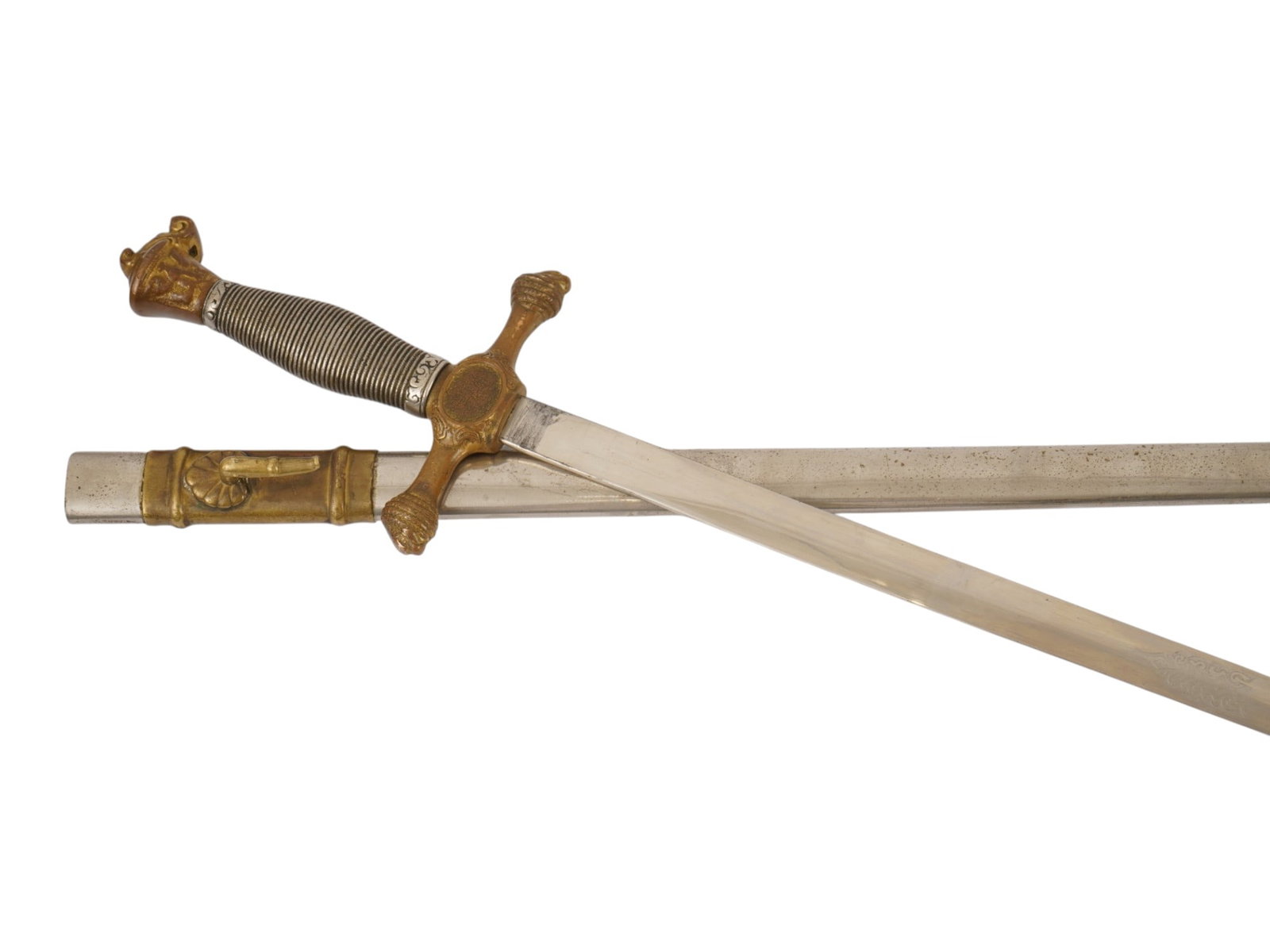AMERICAN MILITARY CADET SCHOOL SWORD: An American military cadet sword features a cast metal hilt with a knight's head pommel and a crossguard. The scabbard is adorned with ornate brass-finished mounts. The grip is finished with wire-wrap