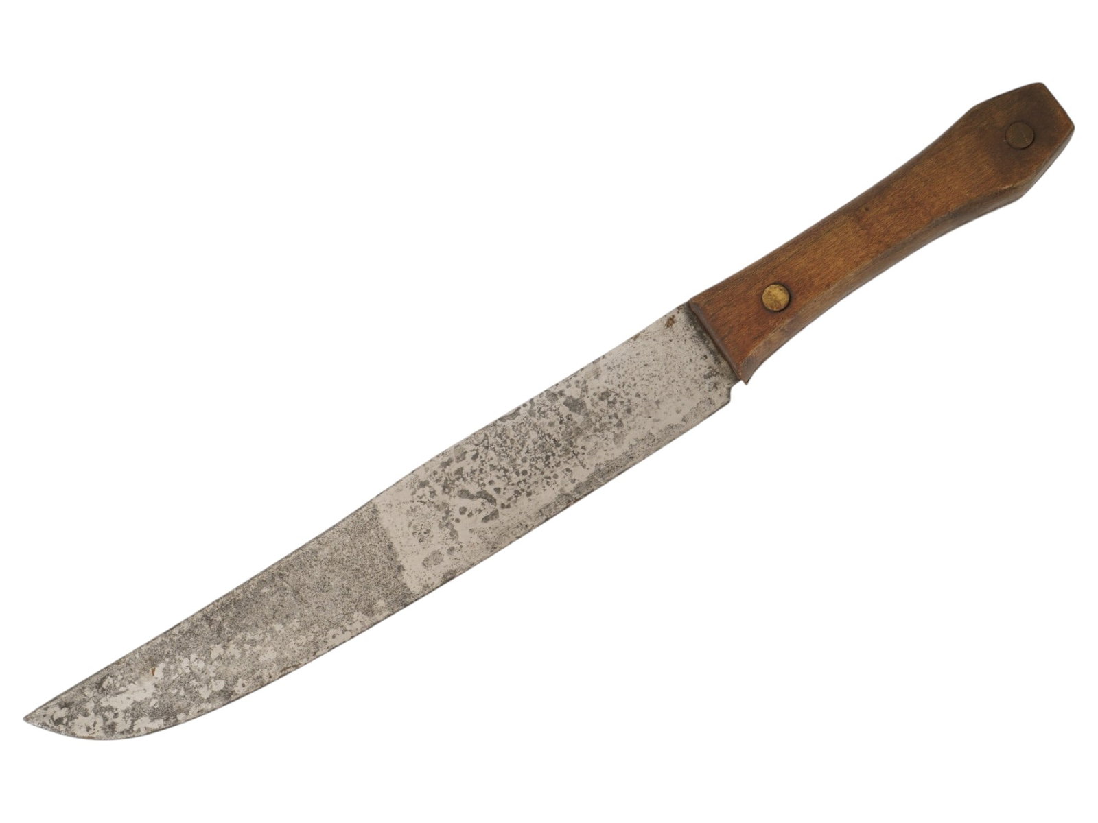 ANTIQUE CARBON STEEL KNIFE WITH WOODEN HANDLE: An antique carbon steel knife with a wooden handle. The knife features a long, straight blade and a wooden handle, slightly tapered in the middle, secured with metal rivets. Edged Weapon For Collector