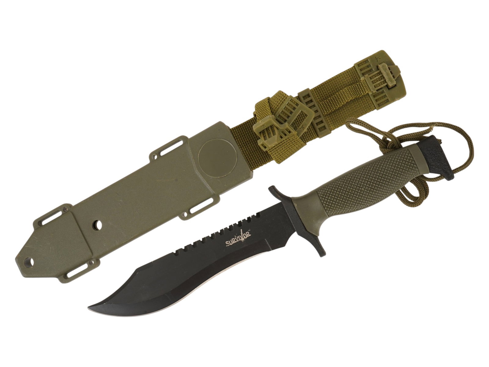 JUNGLE RANGER SURVIVOR KNIFE WITH SHEATH: A tactical survival hunting knife. Fixed bowie-type black-anodized stainless steel blade. Khaki nylon fiber grip with a lanyard hole and green paracord. Matching sheath with straps. The blade is marke