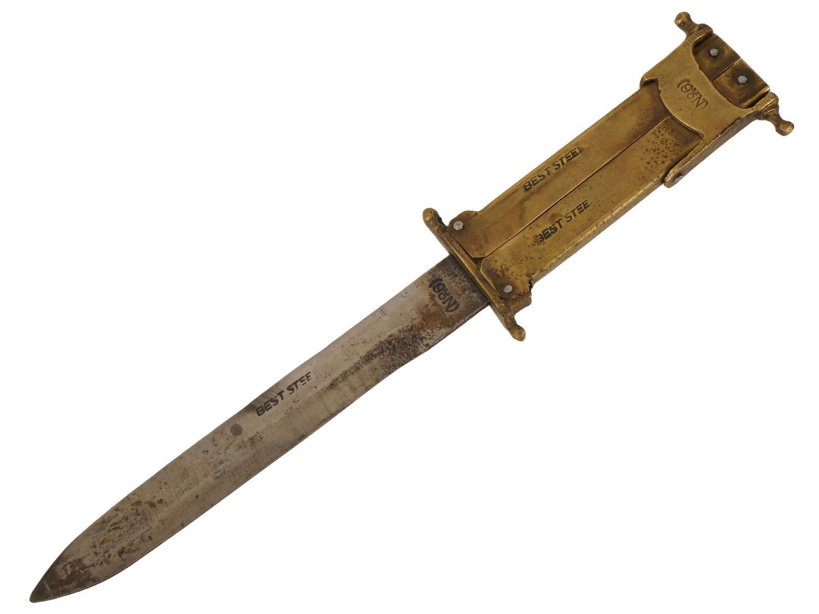GERMAN PARATROOPER PANTOGRAPHIC FOLDING KNIFE: A German paratrooper style pantographic knife featuring a collapsible brass handle and a double edged steel blade. The mechanism utilizes a series of hinged levers to extend and retract the blade, whi