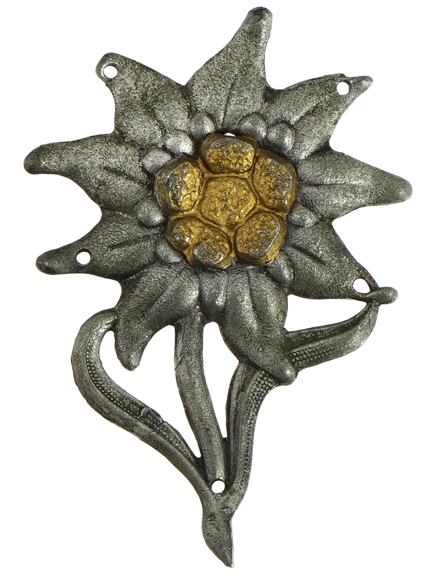 WWII GERMAN STYLE GEBIRGSJAGER MOUNTAIN TROOPS CAP BADGE: A WWII Nazi German style Army Gebirgsjager Mountain Troops cap badge, featuring an Edelweiss flower. Worn on the side of the mountain cap, this emblem symbolized the elite mountain infantry units. The