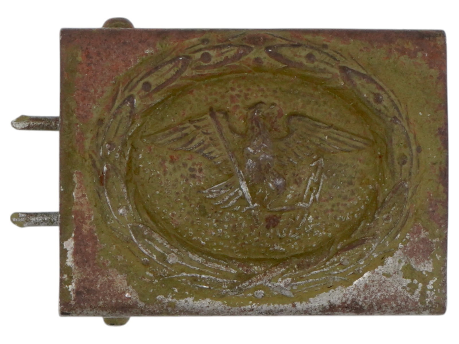 WWII MODEL NAZI GERMAN REICHSADLER BELT BUCKLE: A World War II type Nazi German military belt buckle. Reichsadler encompassed with oak leaves. Unmarked. Second World War Historical Collectables, Third Reich Relics And Military Uniform Accessories. 